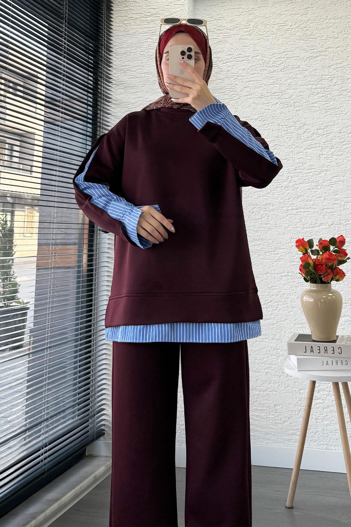 Gömlek Detaylı İkili Scuba Takım – Mürdüm