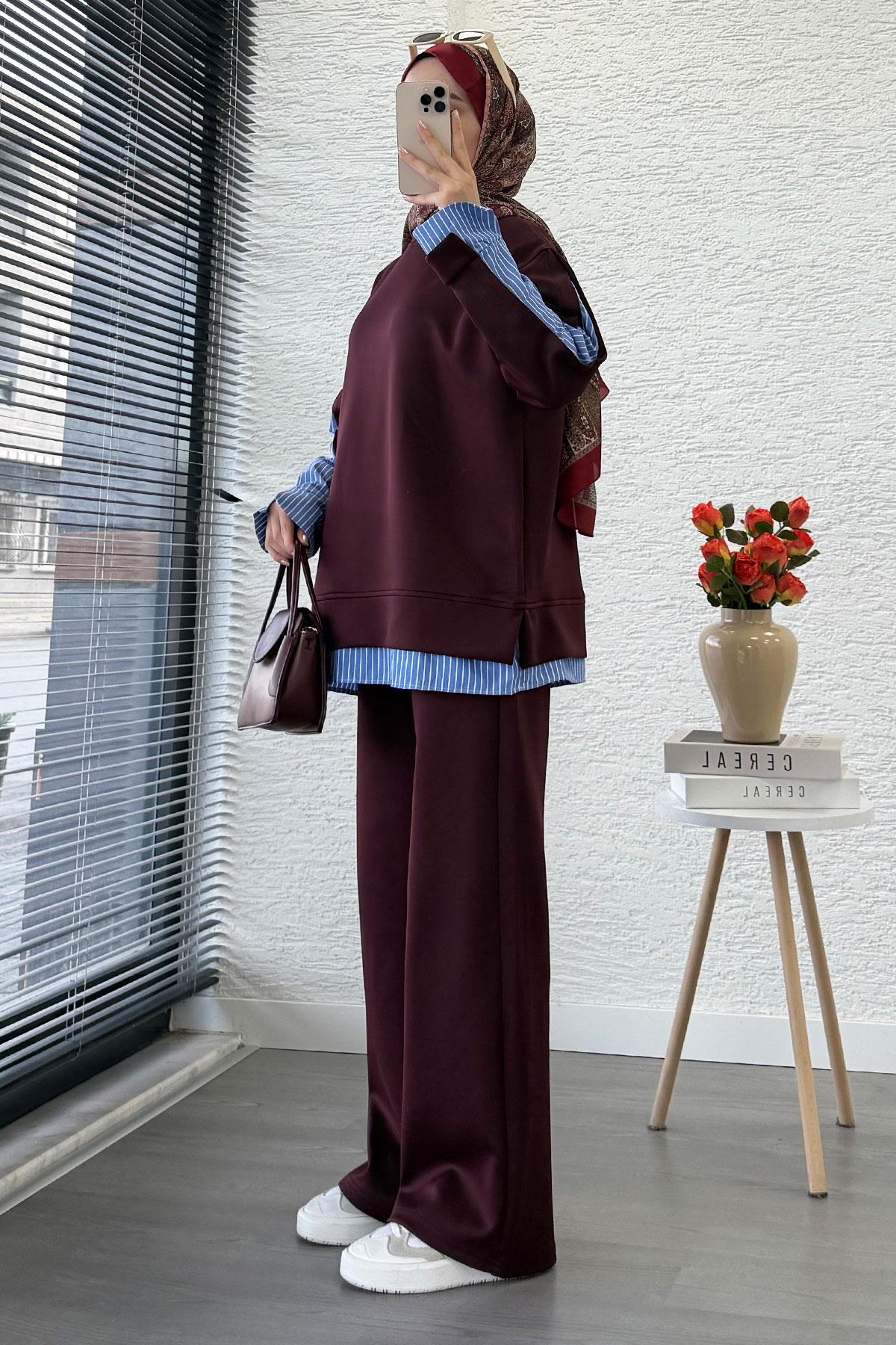 Gömlek Detaylı İkili Scuba Takım – Mürdüm