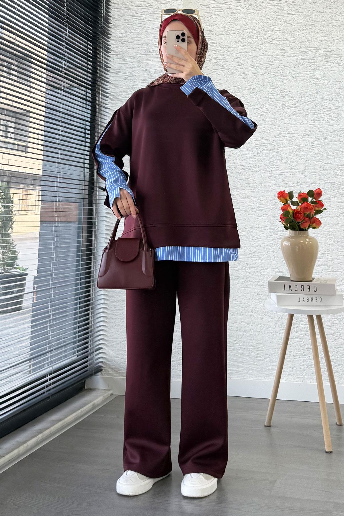 Gömlek Detaylı İkili Scuba Takım – Mürdüm