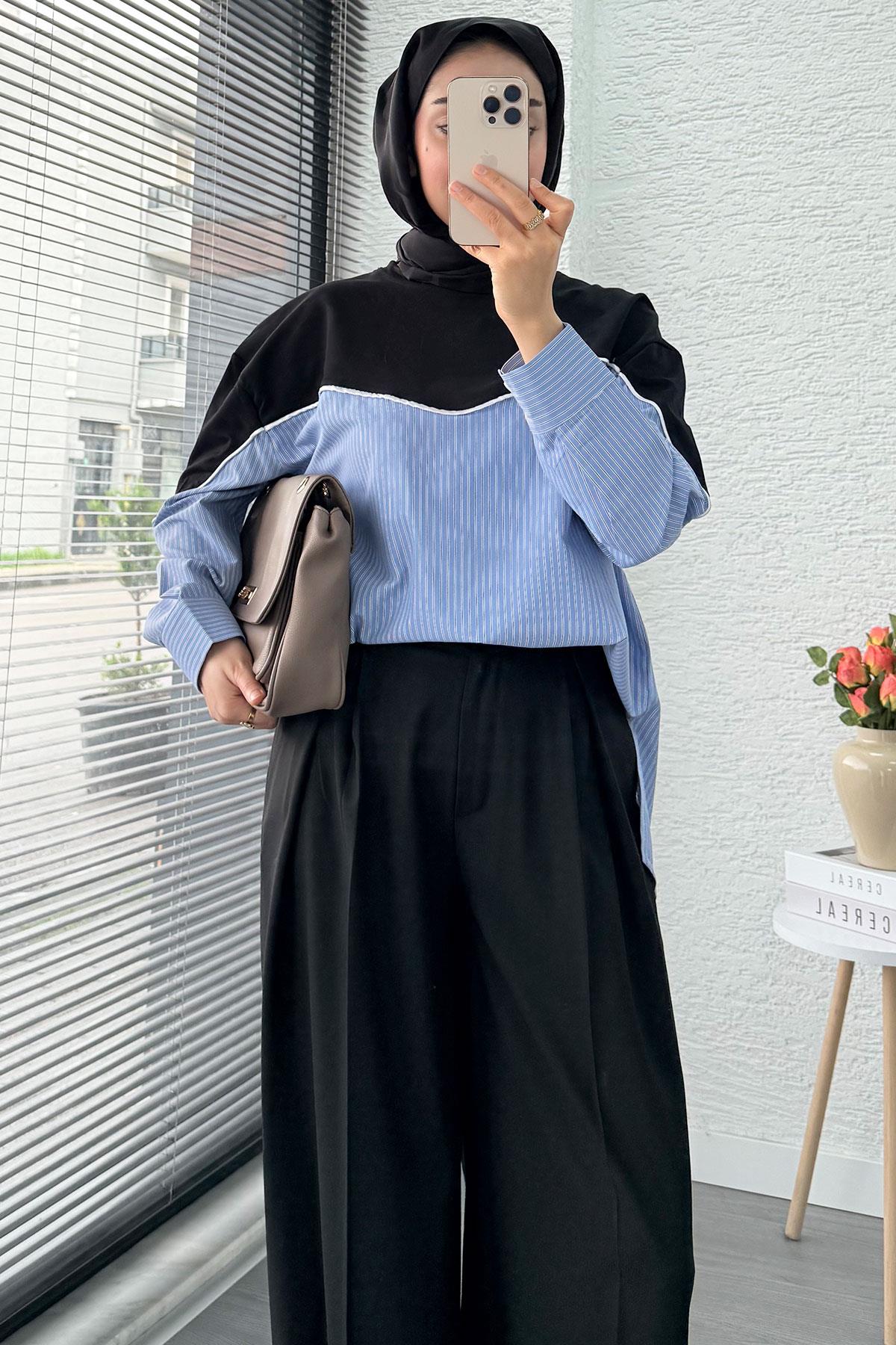 Gömlek Detaylı Kadın Sweat - Siyah