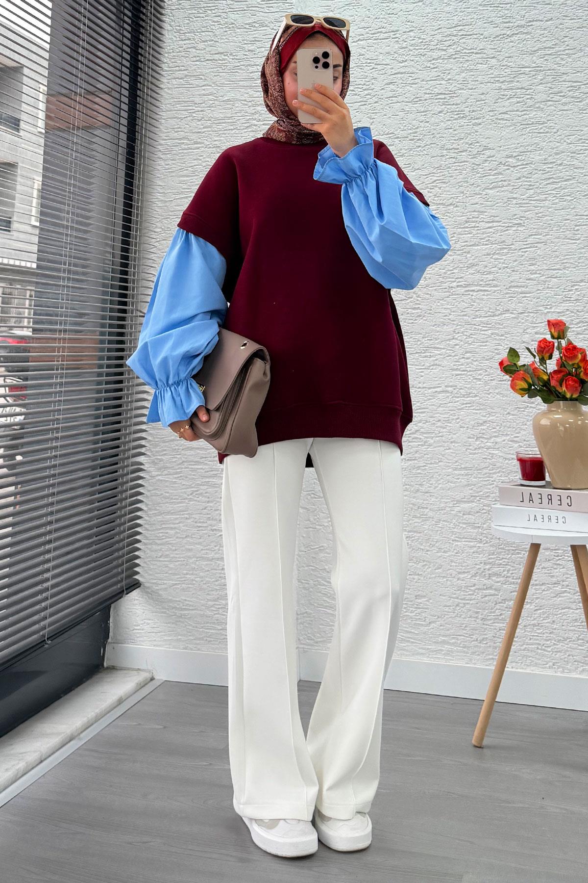 Gömlek Kol Oversize Kadın Sweat – Bordo