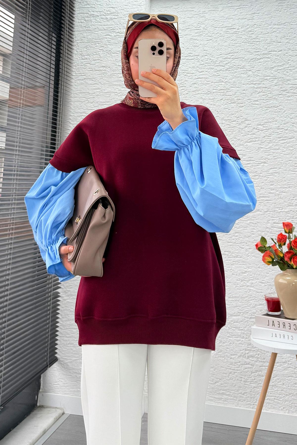 Gömlek Kol Oversize Kadın Sweat – Bordo