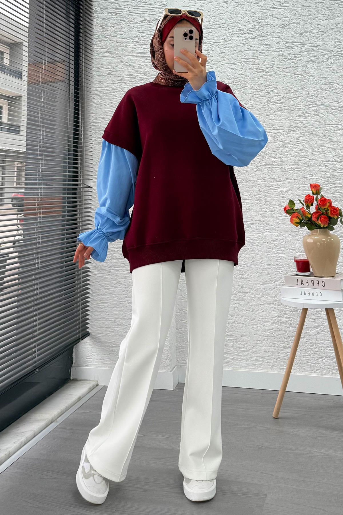 Gömlek Kol Oversize Kadın Sweat – Bordo