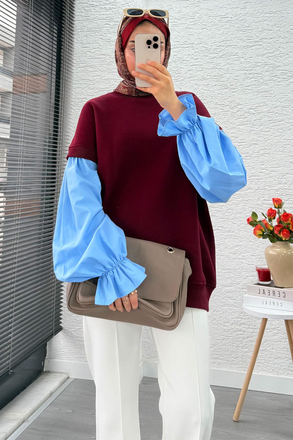 Gömlek Kol Oversize Kadın Sweat – Bordo