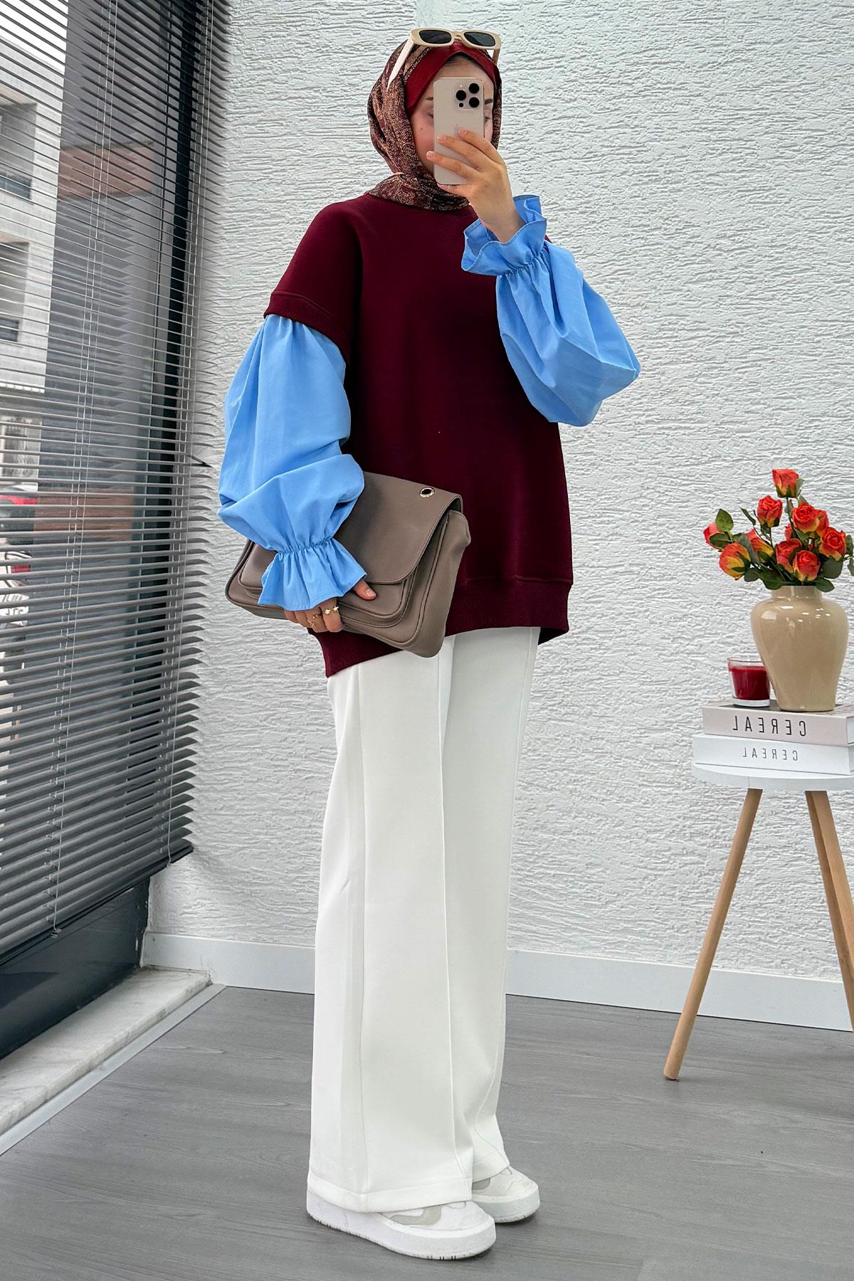 Gömlek Kol Oversize Kadın Sweat – Bordo