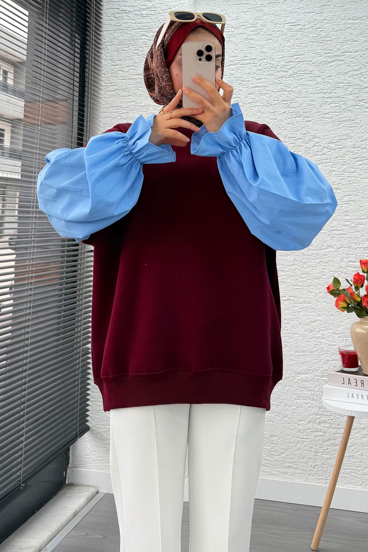 Gömlek Kol Oversize Kadın Sweat – Bordo