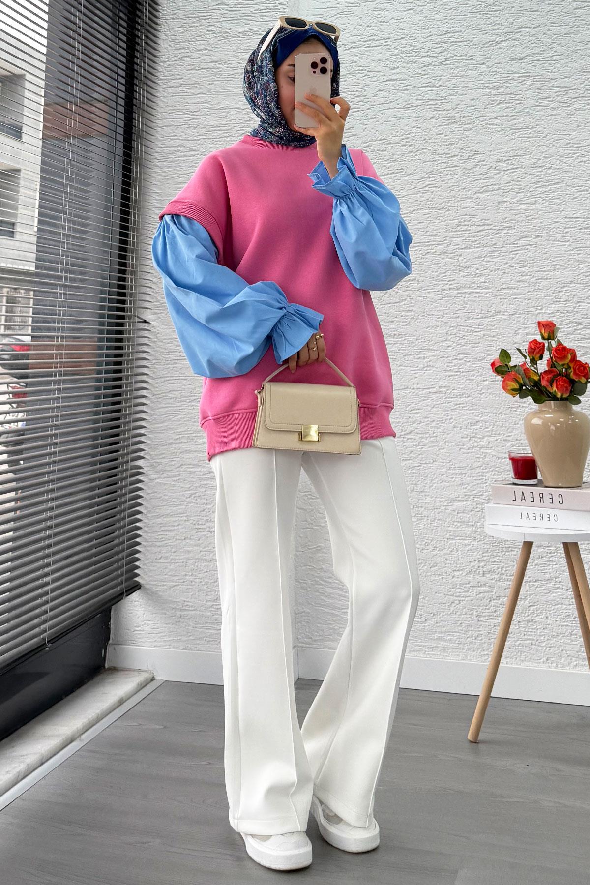 Gömlek Kol Oversize Kadın Sweat – Pembe