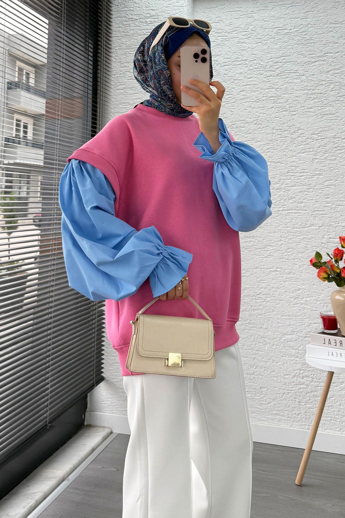 Gömlek Kol Oversize Kadın Sweat – Pembe