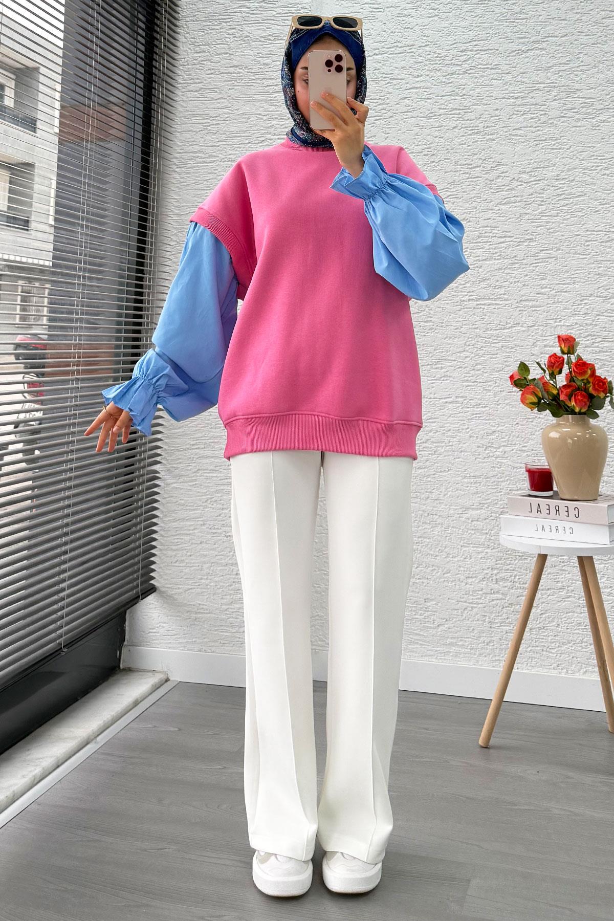 Gömlek Kol Oversize Kadın Sweat – Pembe