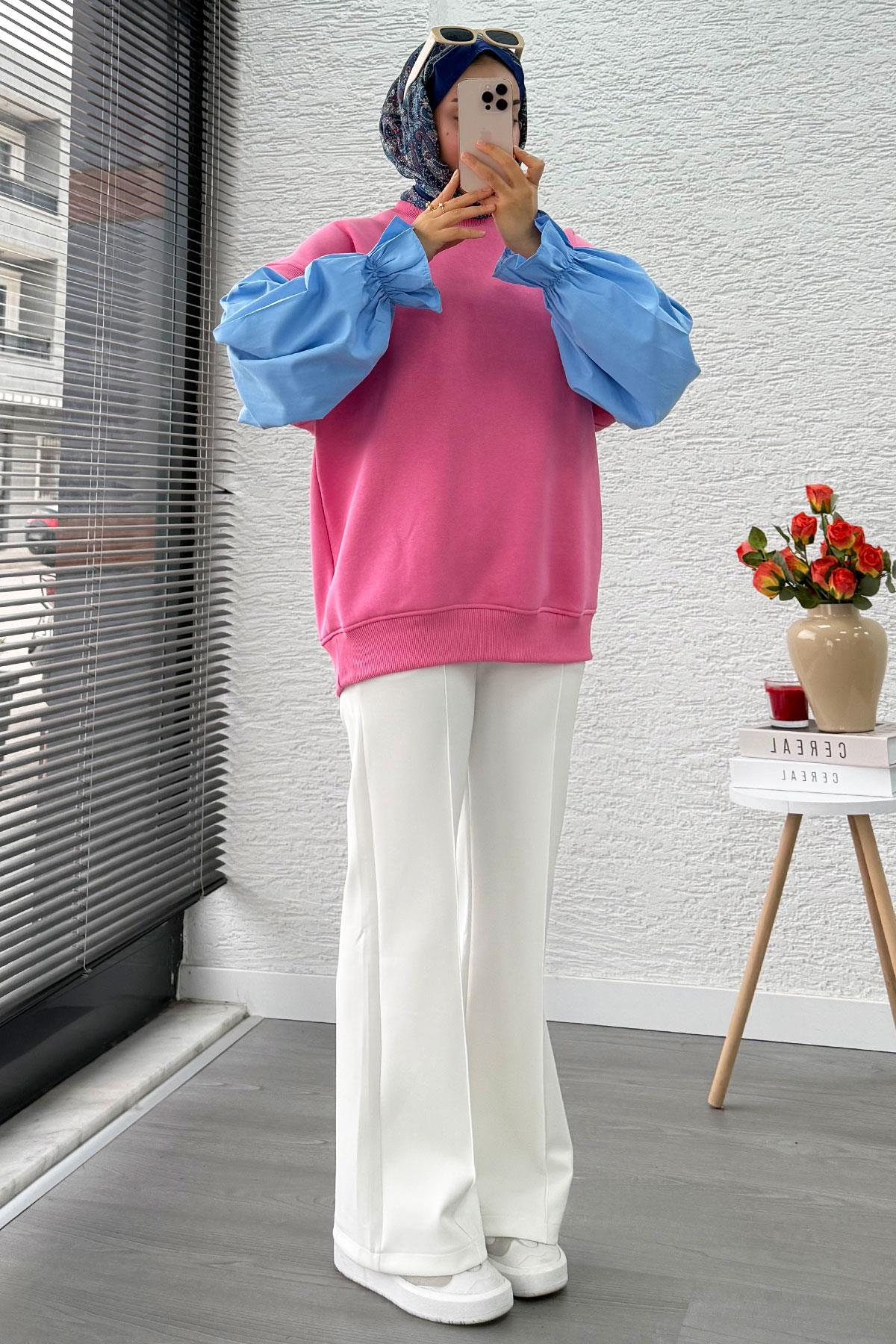 Gömlek Kol Oversize Kadın Sweat – Pembe