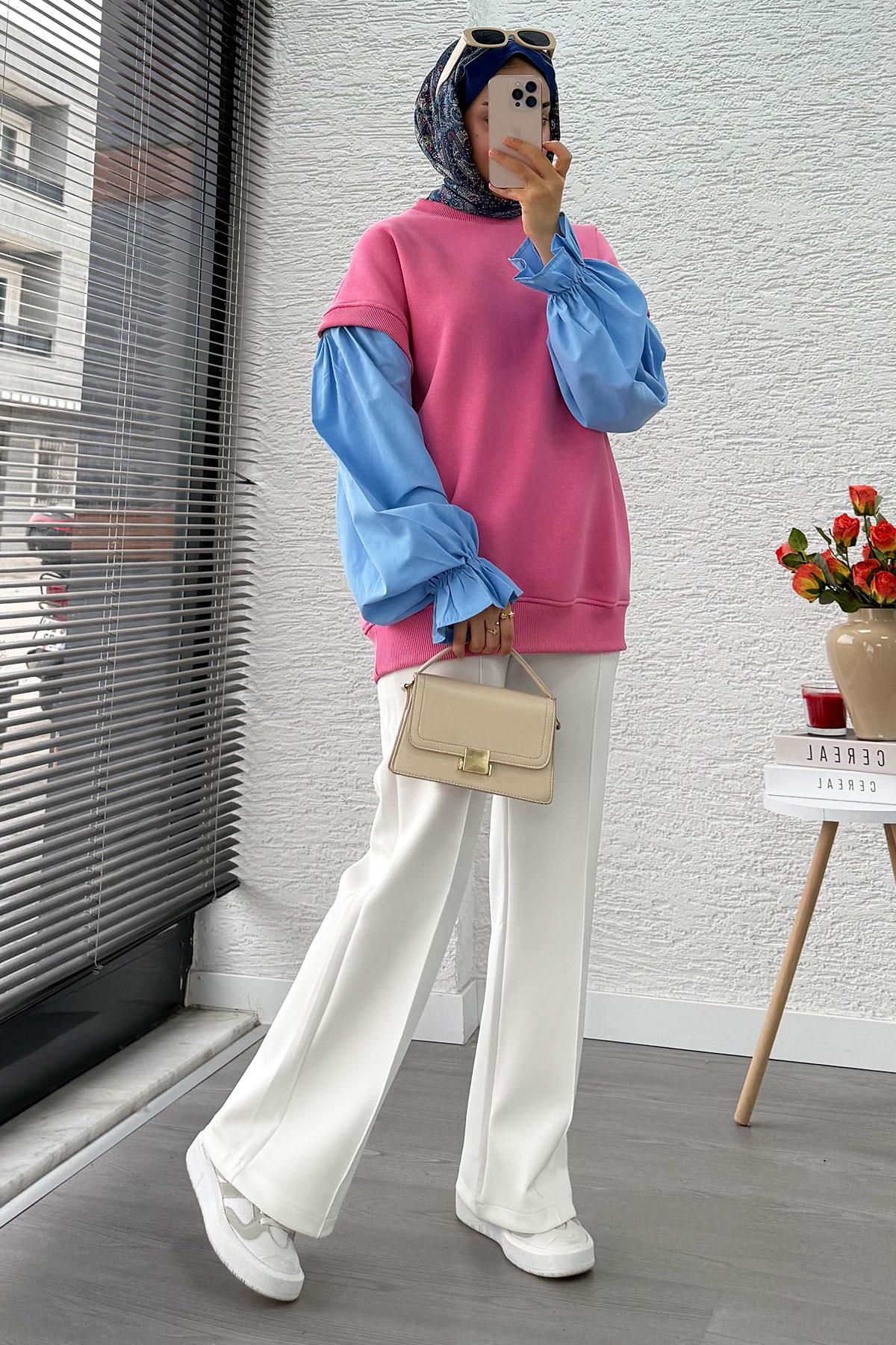 Gömlek Kol Oversize Kadın Sweat – Pembe