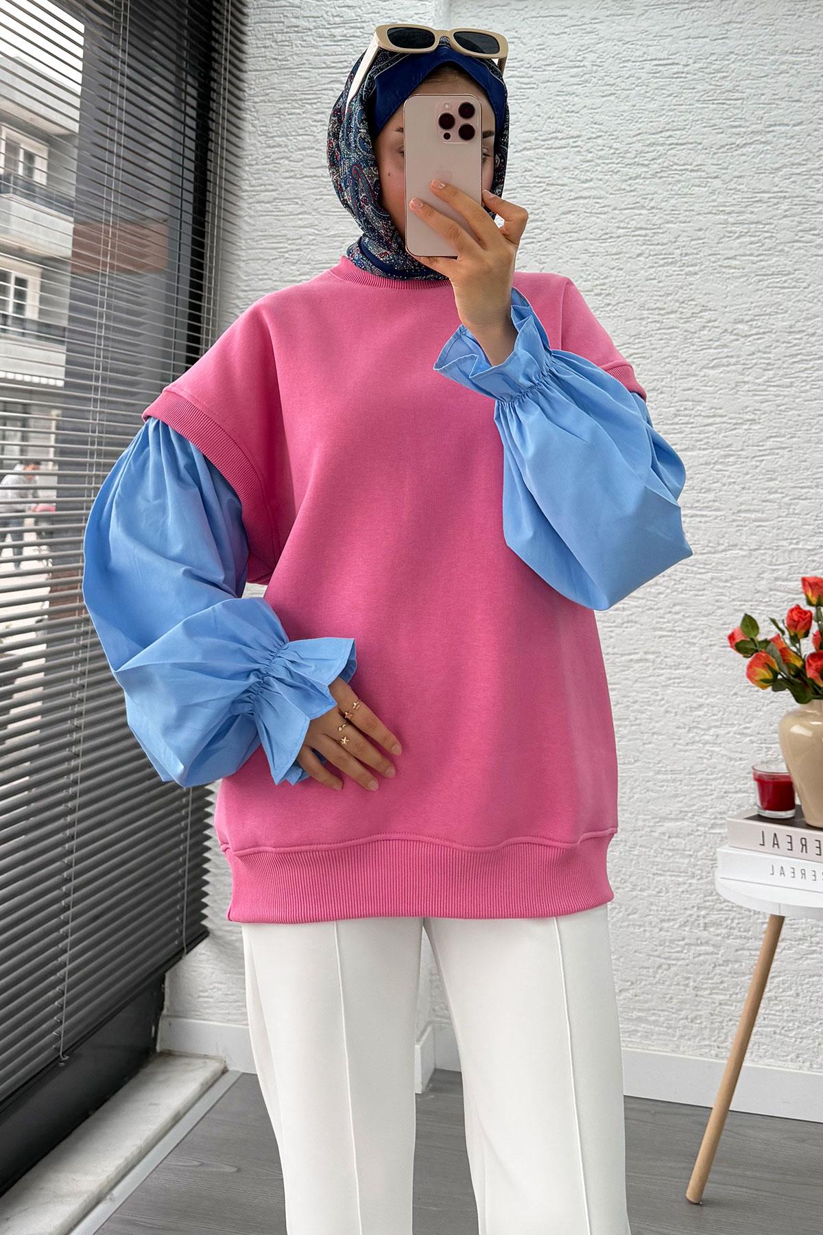 Gömlek Kol Oversize Kadın Sweat – Pembe