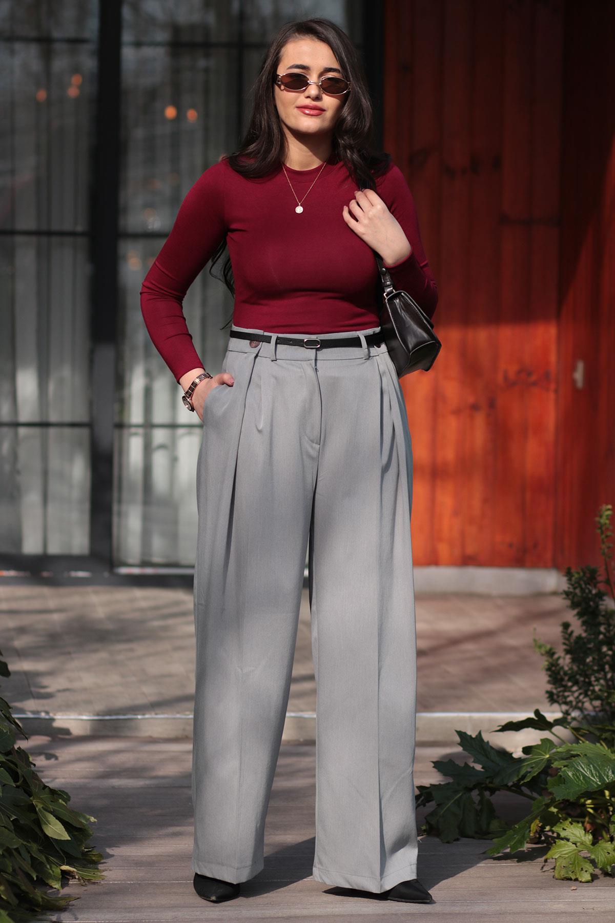 Gri Yüksek Bel Palazzo Pantolon