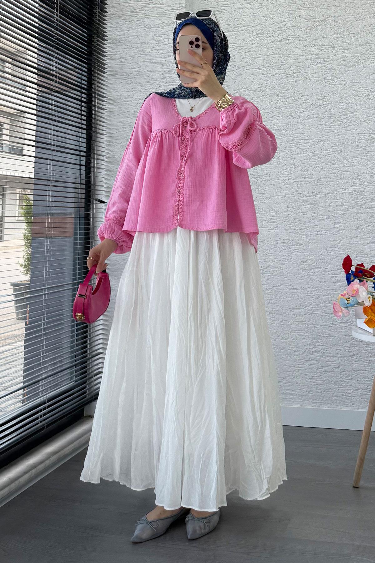 Güpür Detaylı Müslin Kısa Kimono – Pembe