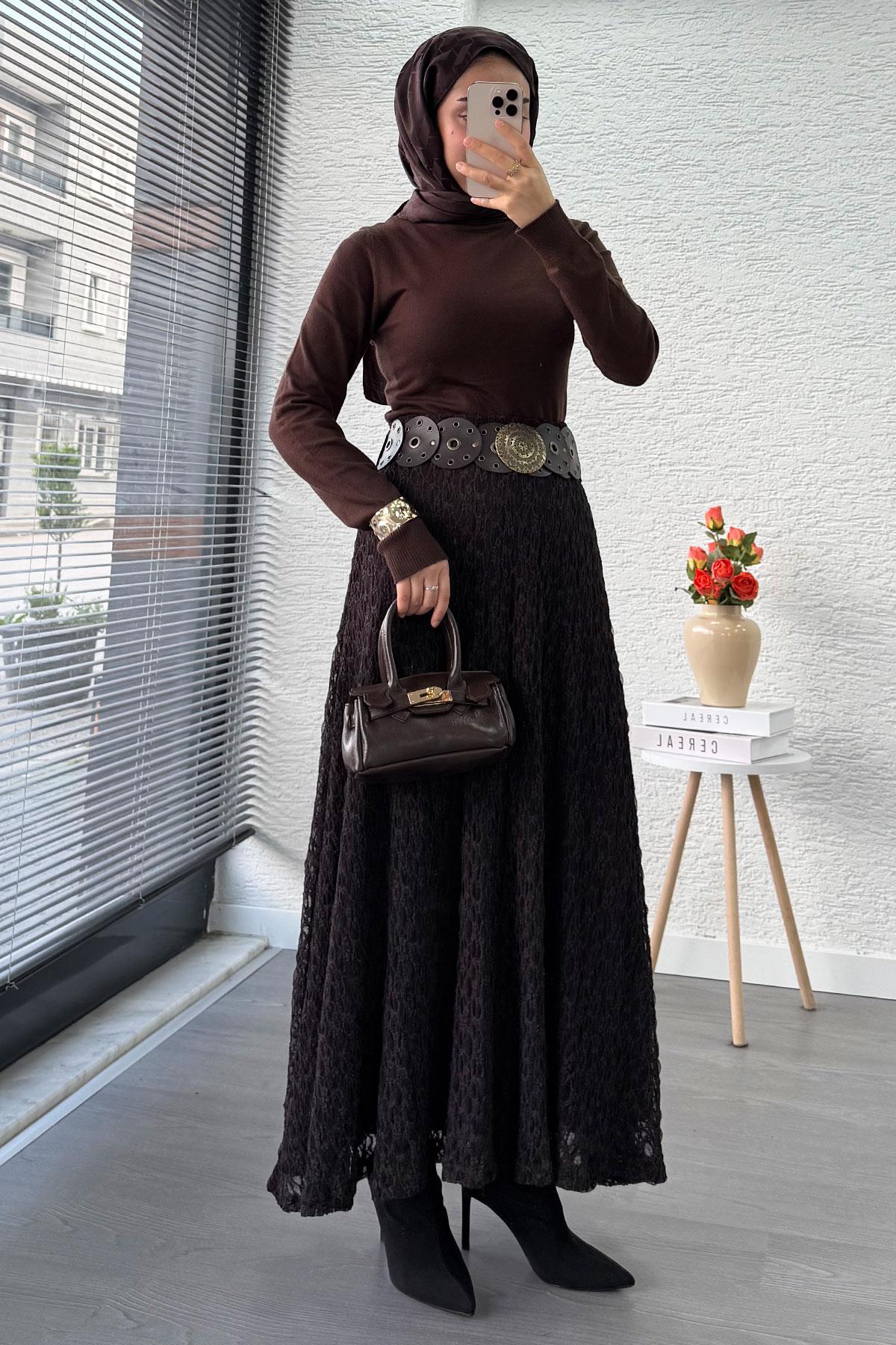 Güpür Dokulu Kloş Uzun Etek – Kahverengi