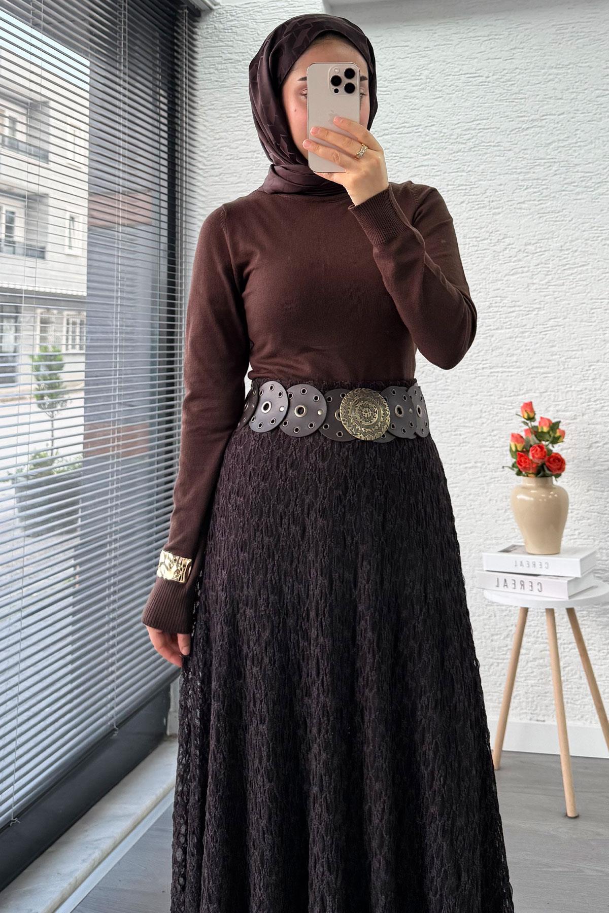 Güpür Dokulu Kloş Uzun Etek – Kahverengi