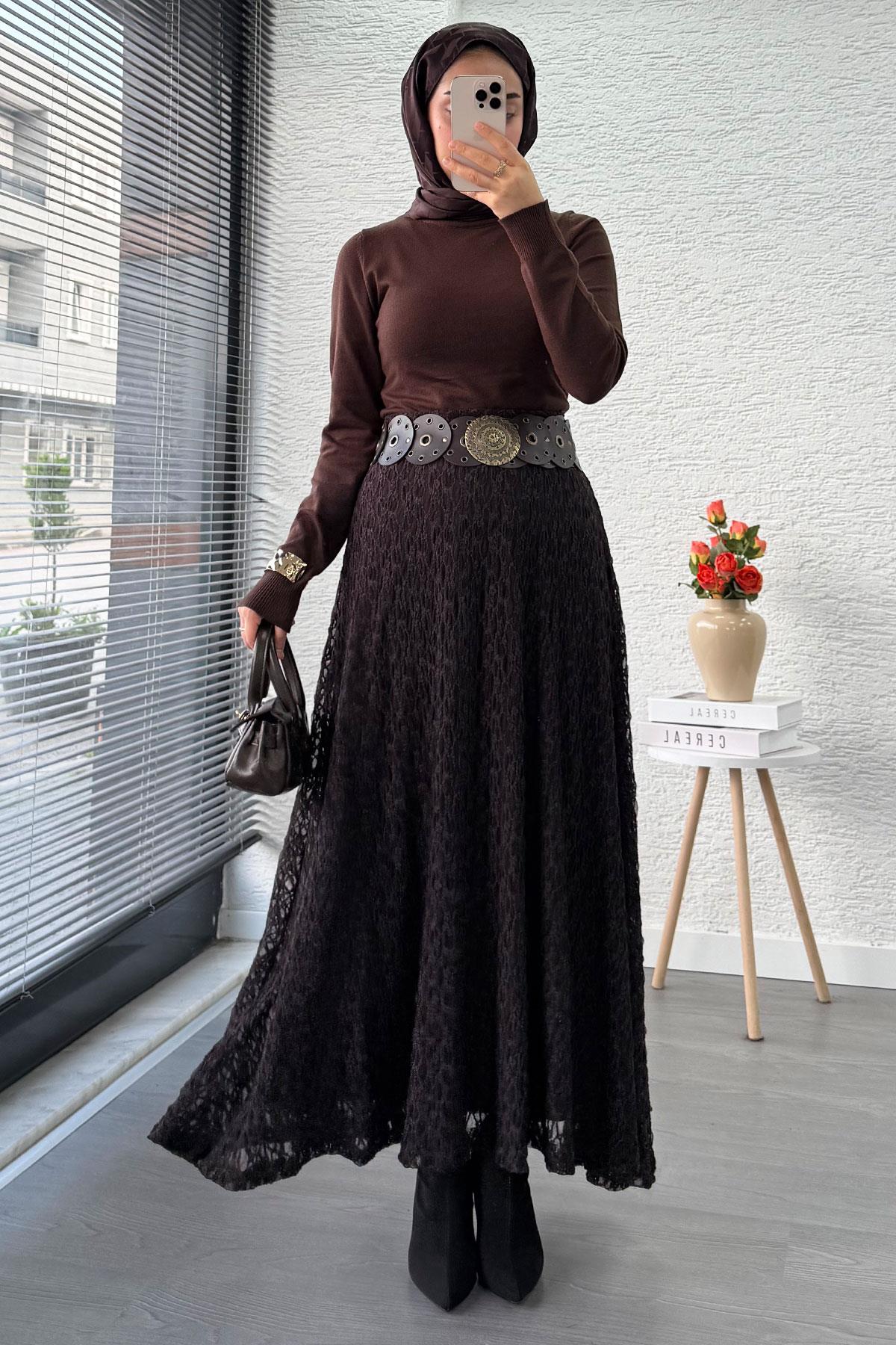 Güpür Dokulu Kloş Uzun Etek – Kahverengi