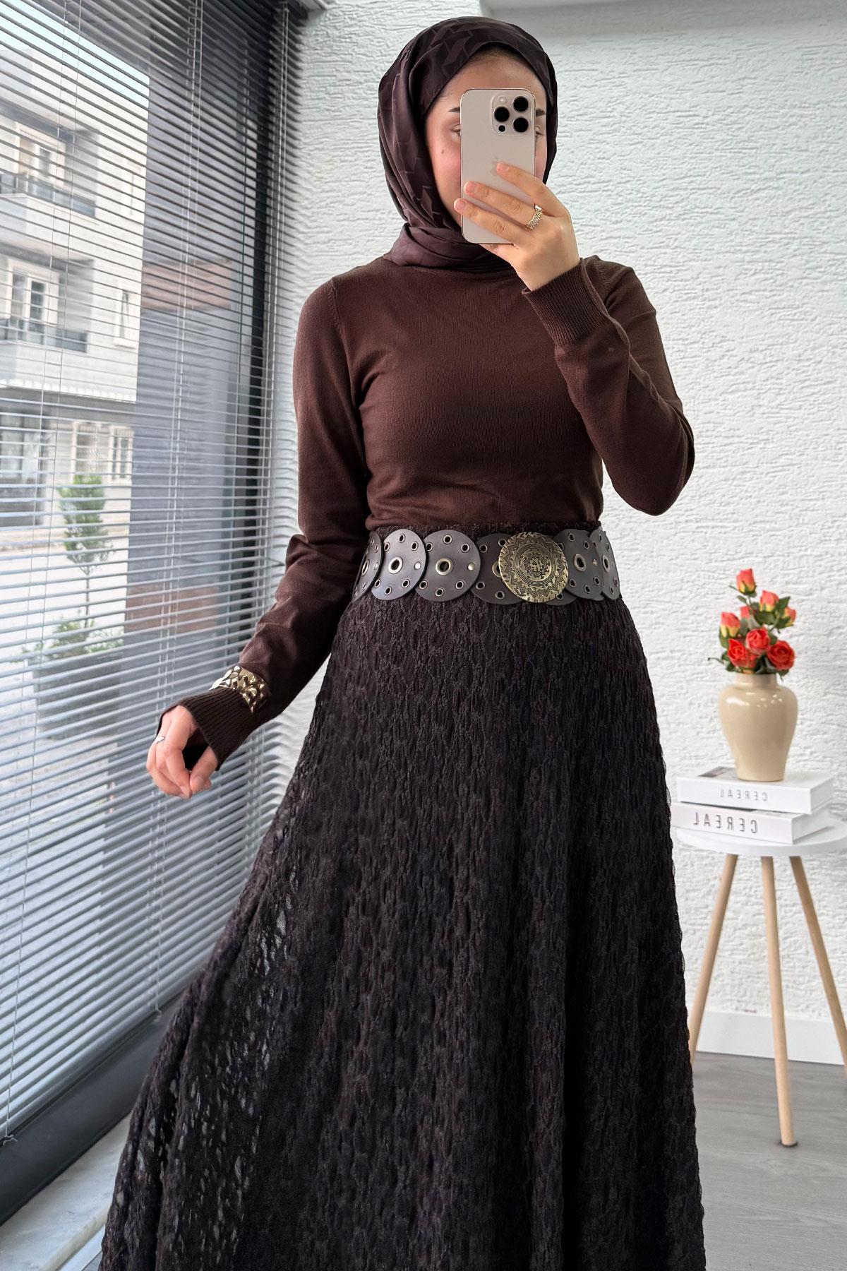 Güpür Dokulu Kloş Uzun Etek – Kahverengi