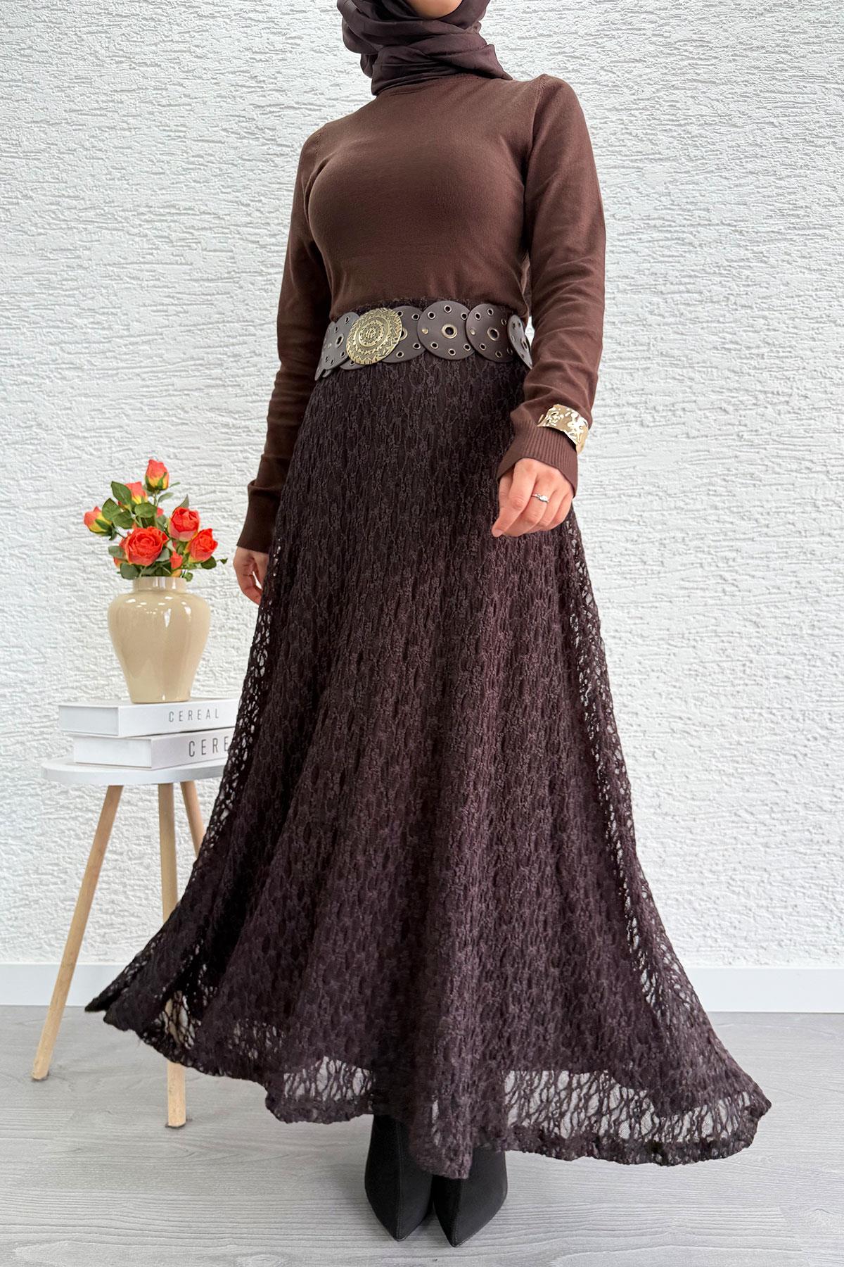 Güpür Dokulu Kloş Uzun Etek – Kahverengi