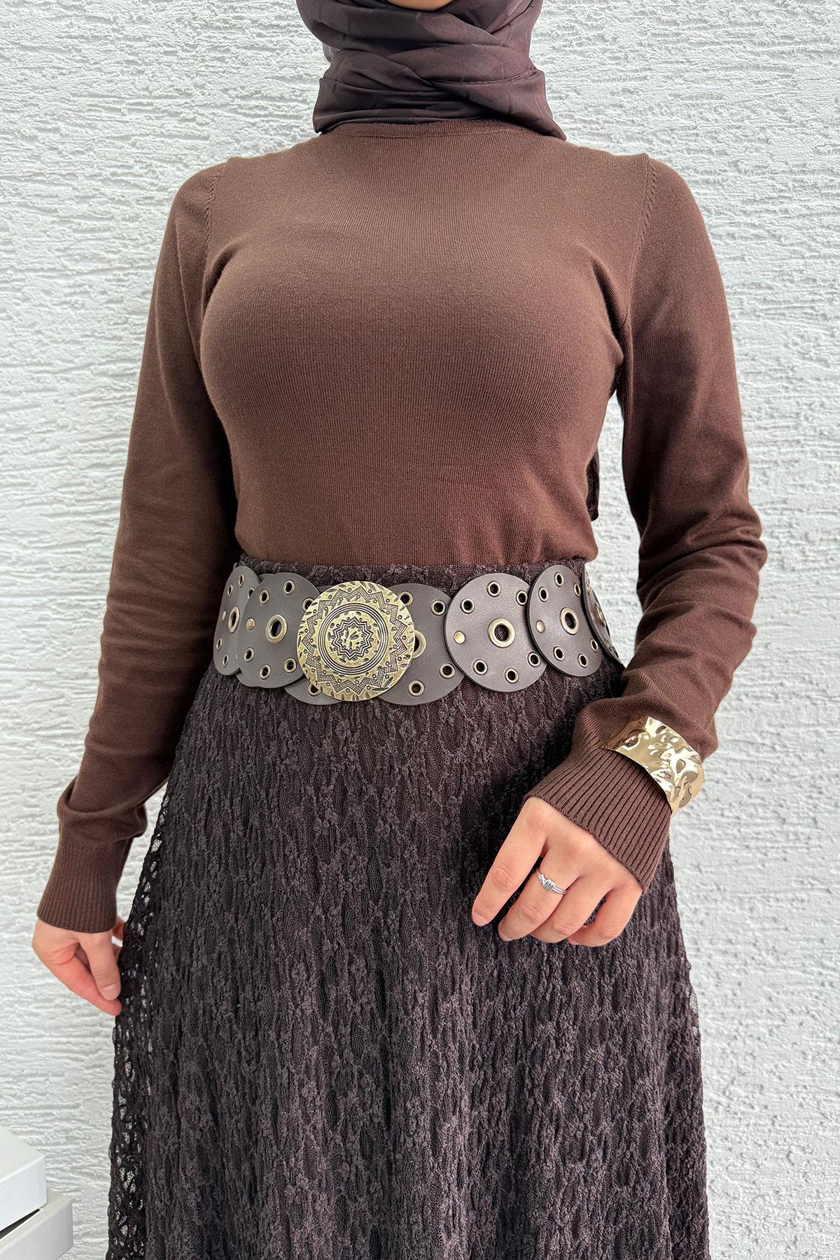 Güpür Dokulu Kloş Uzun Etek – Kahverengi