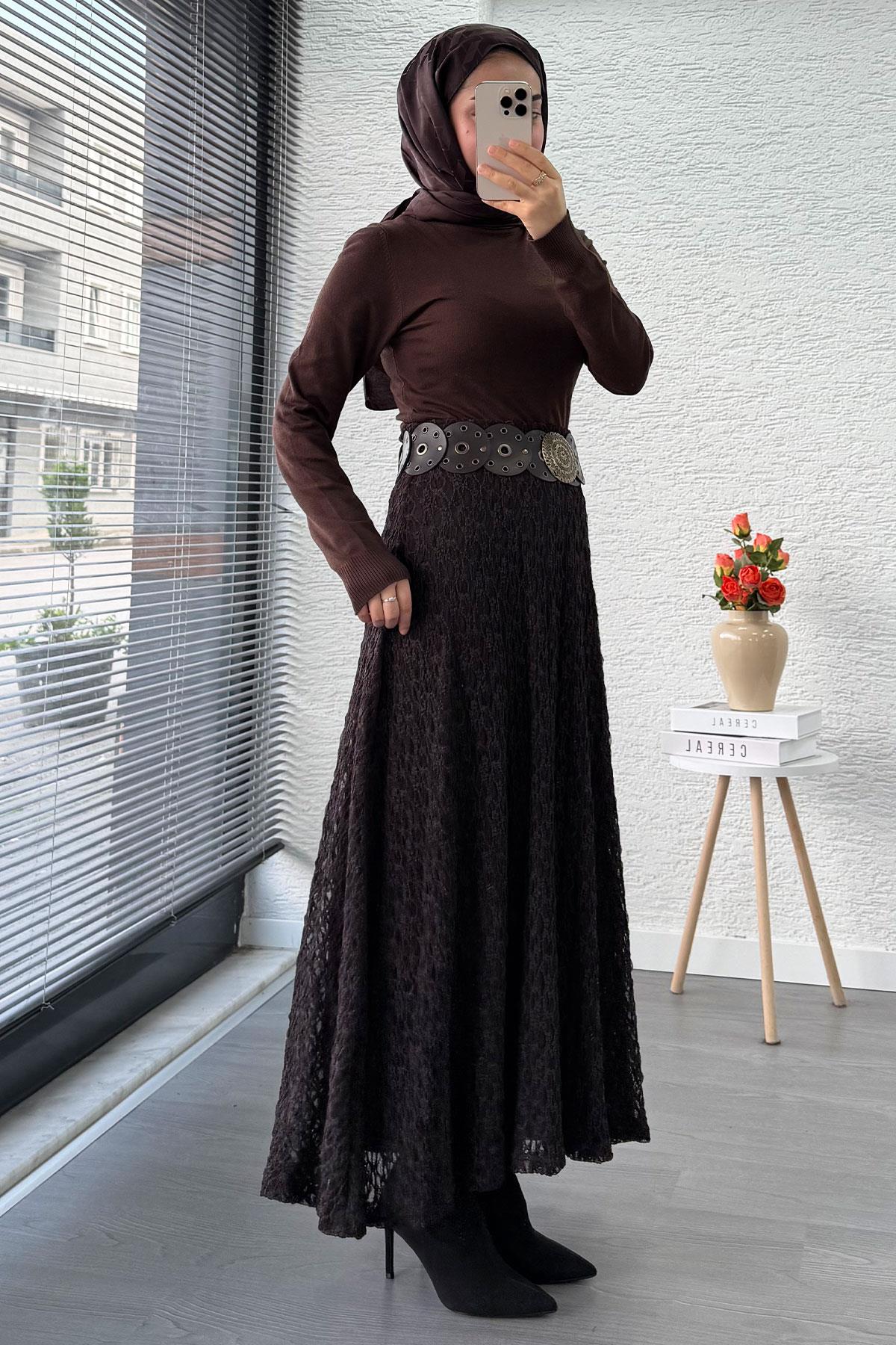 Güpür Dokulu Kloş Uzun Etek – Kahverengi