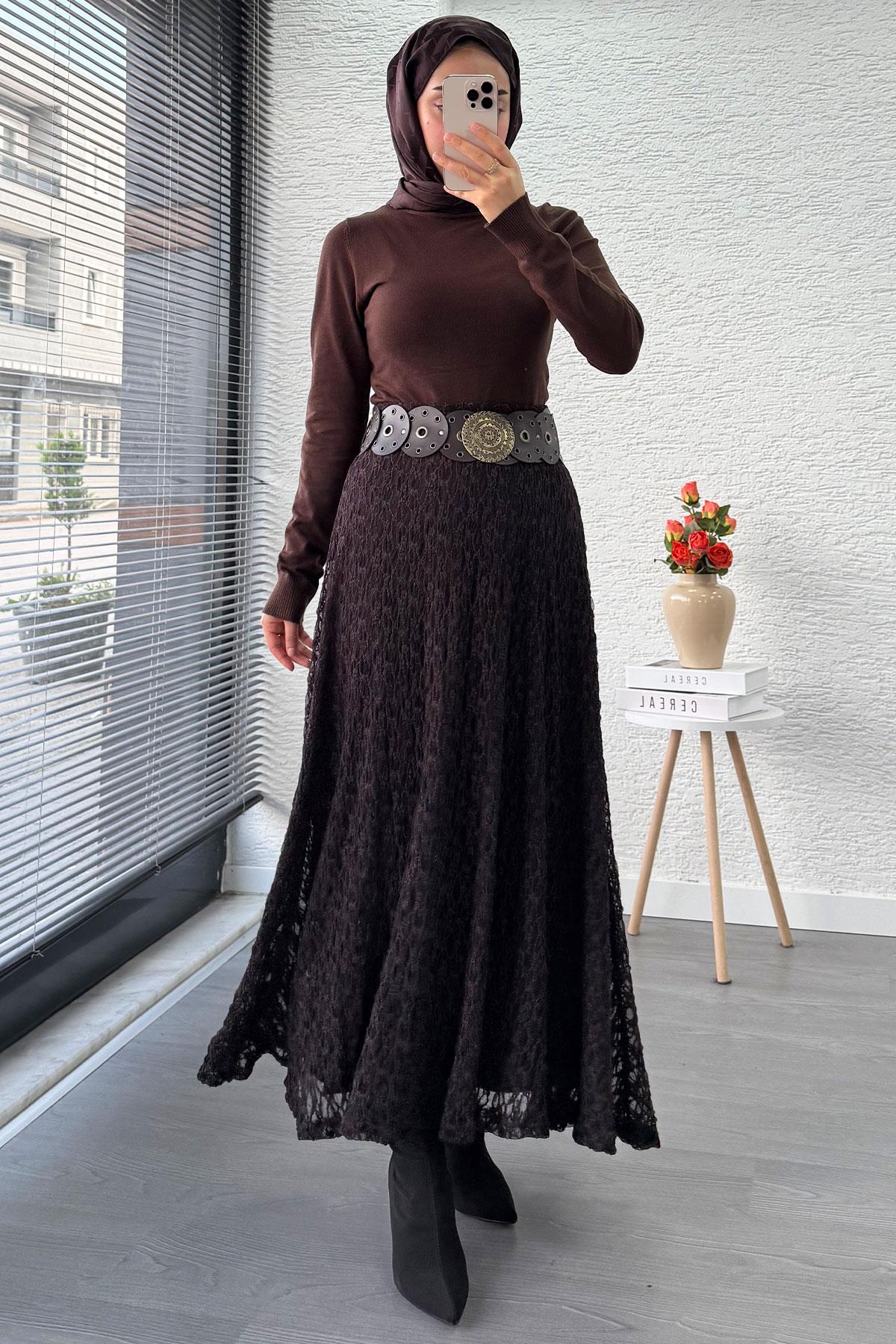 Güpür Dokulu Kloş Uzun Etek – Kahverengi