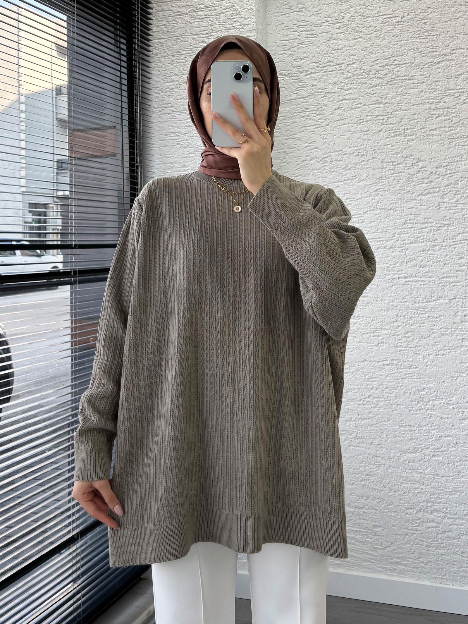 Haki Kadın Fitilli Oversize Kazak