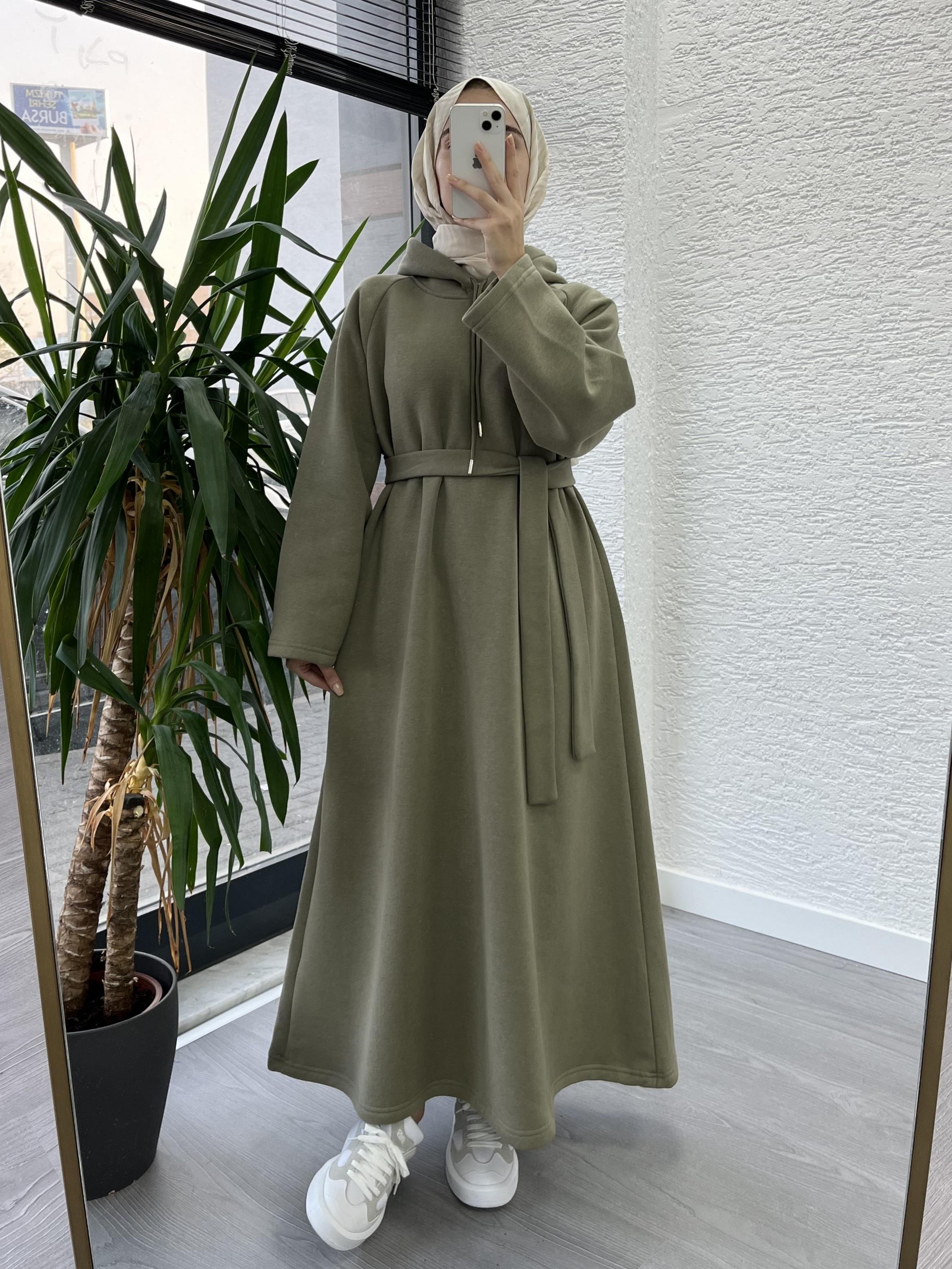 Haki Kapşonlu Oversize Sweat Elbise