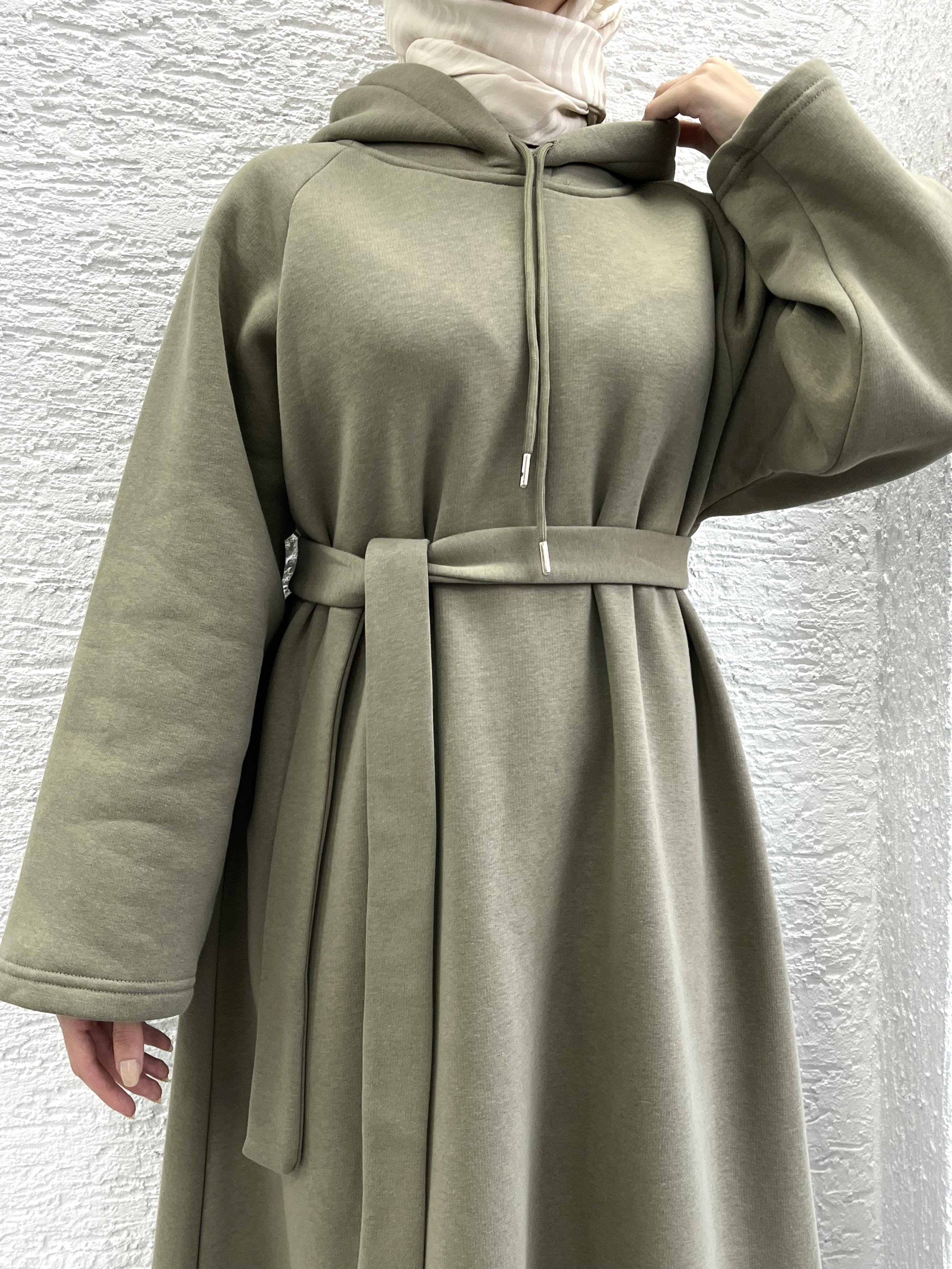 Haki Kapşonlu Oversize Sweat Elbise