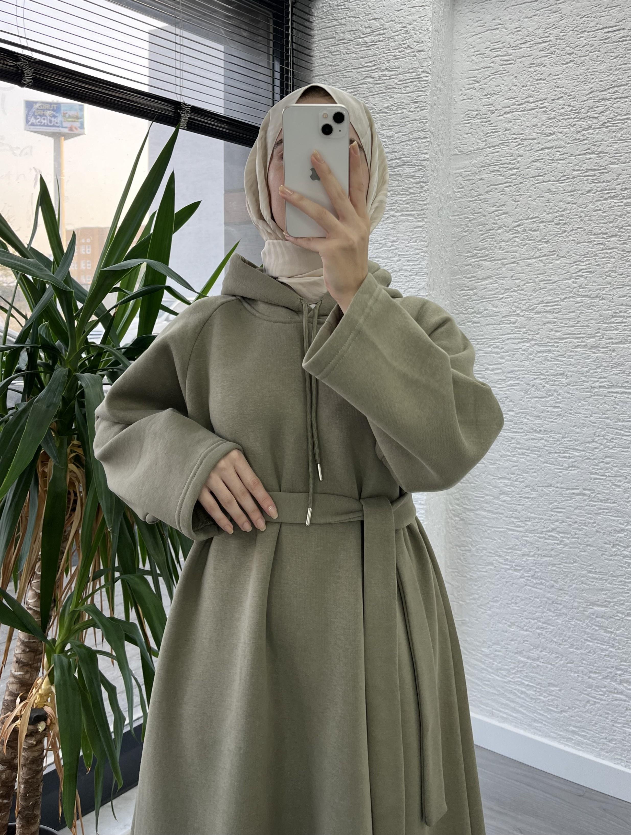 Haki Kapşonlu Oversize Sweat Elbise