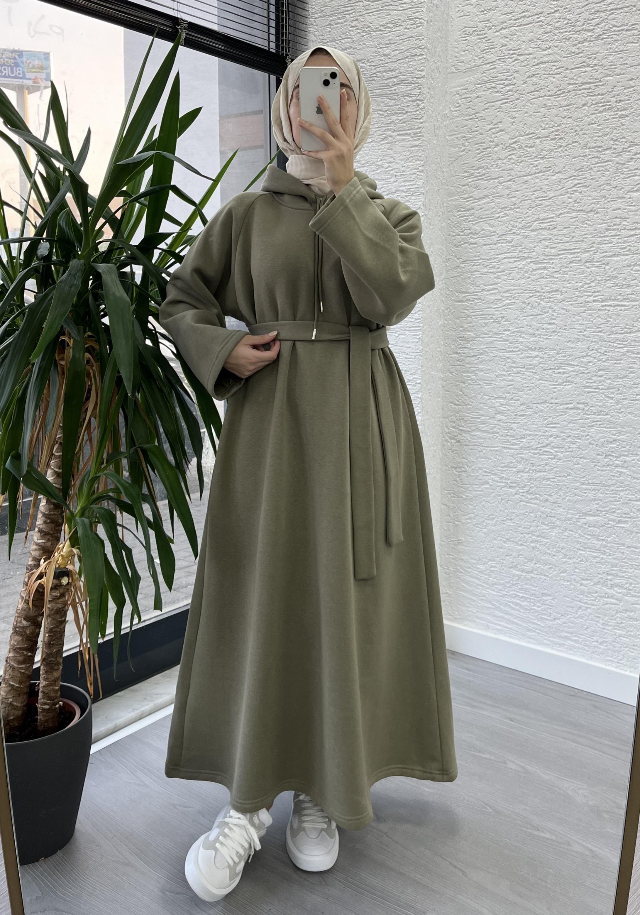 Haki Kapşonlu Oversize Sweat Elbise