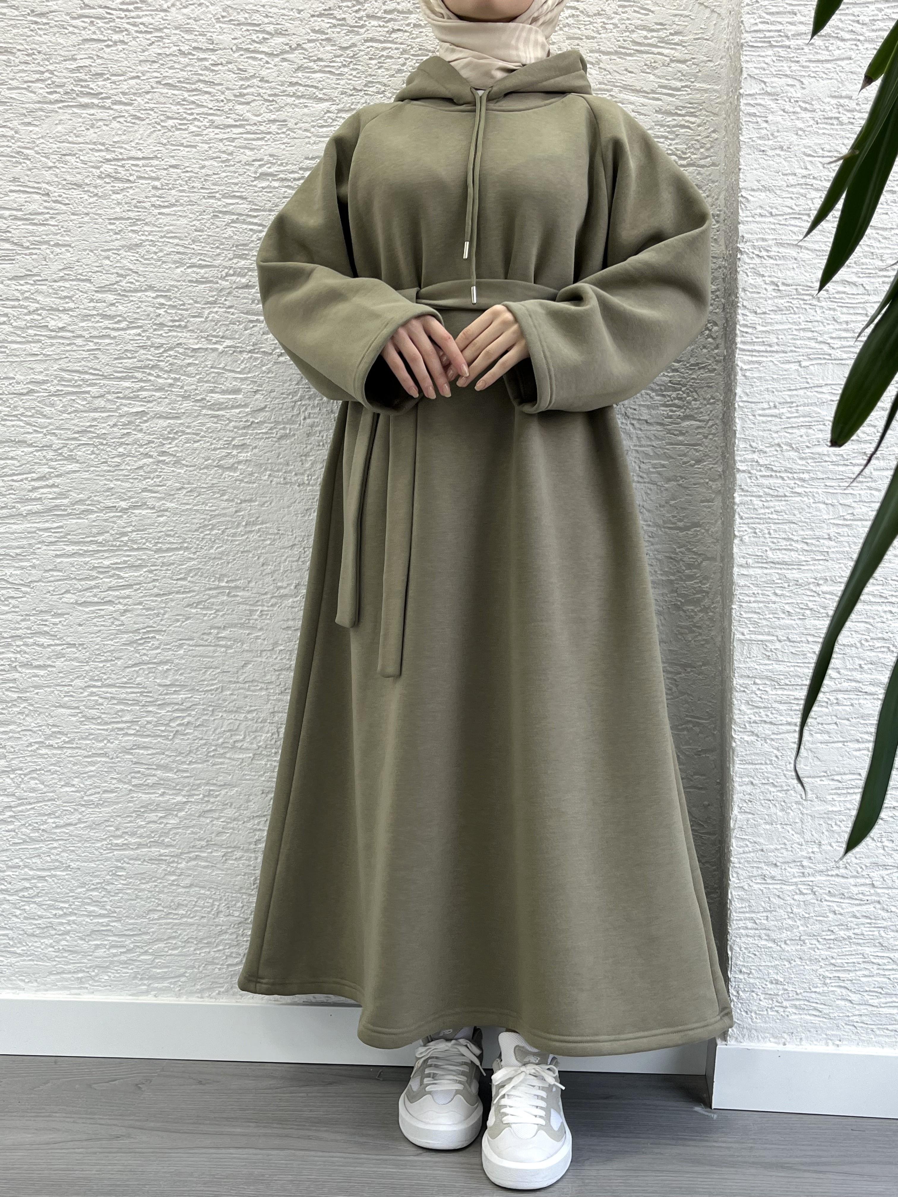 Haki Kapşonlu Oversize Sweat Elbise