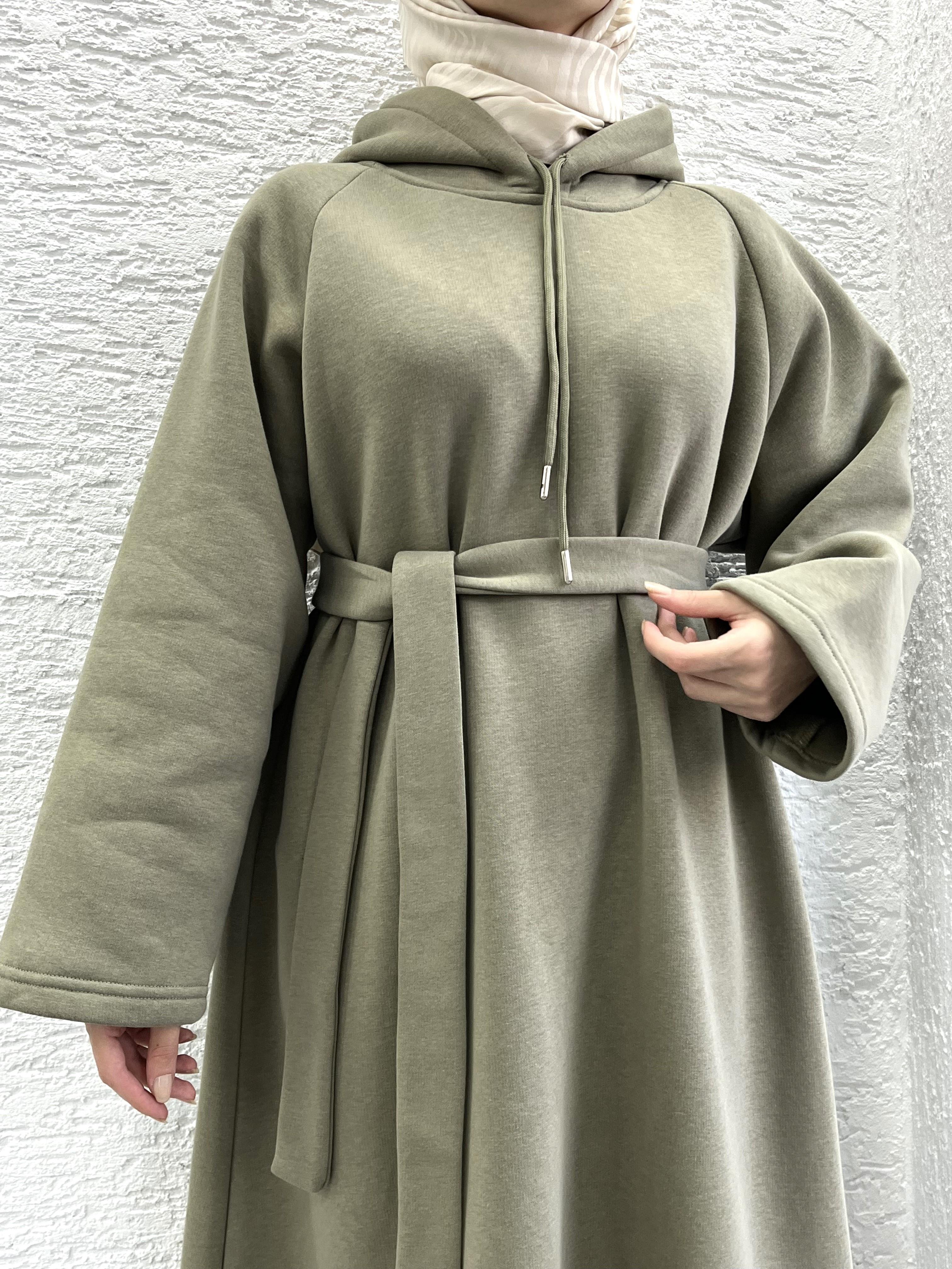 Haki Kapşonlu Oversize Sweat Elbise