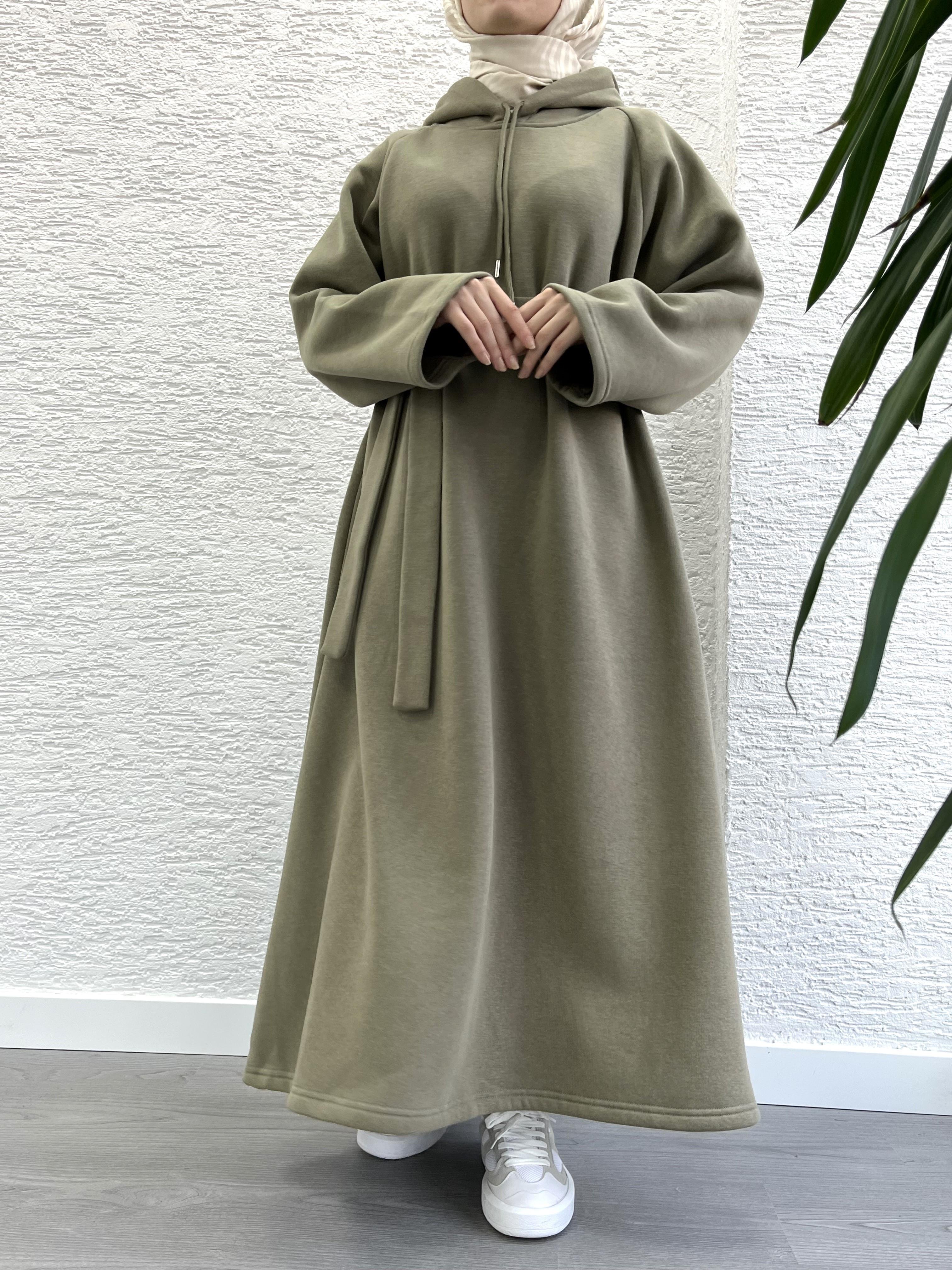 Haki Kapşonlu Oversize Sweat Elbise