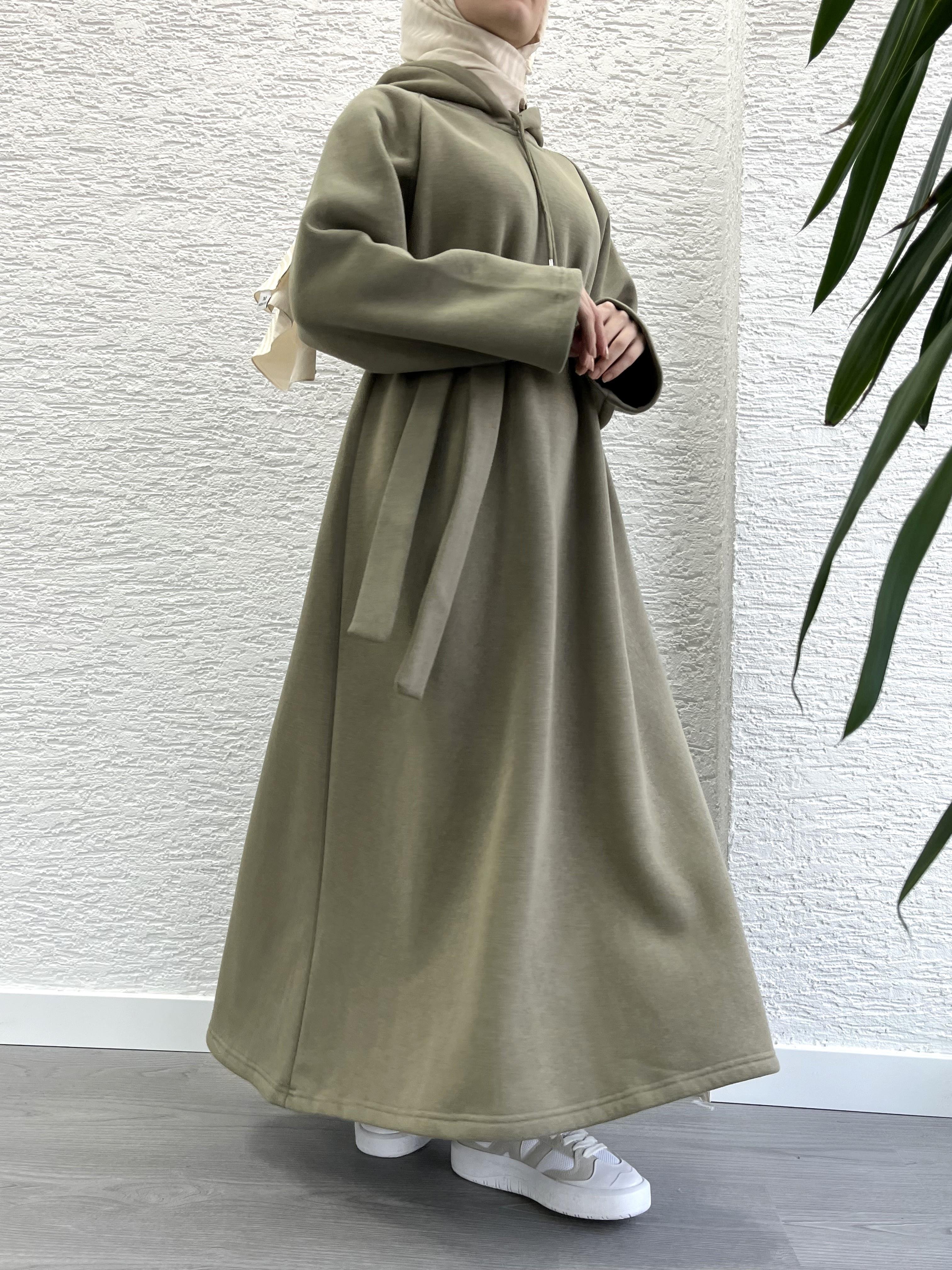 Haki Kapşonlu Oversize Sweat Elbise