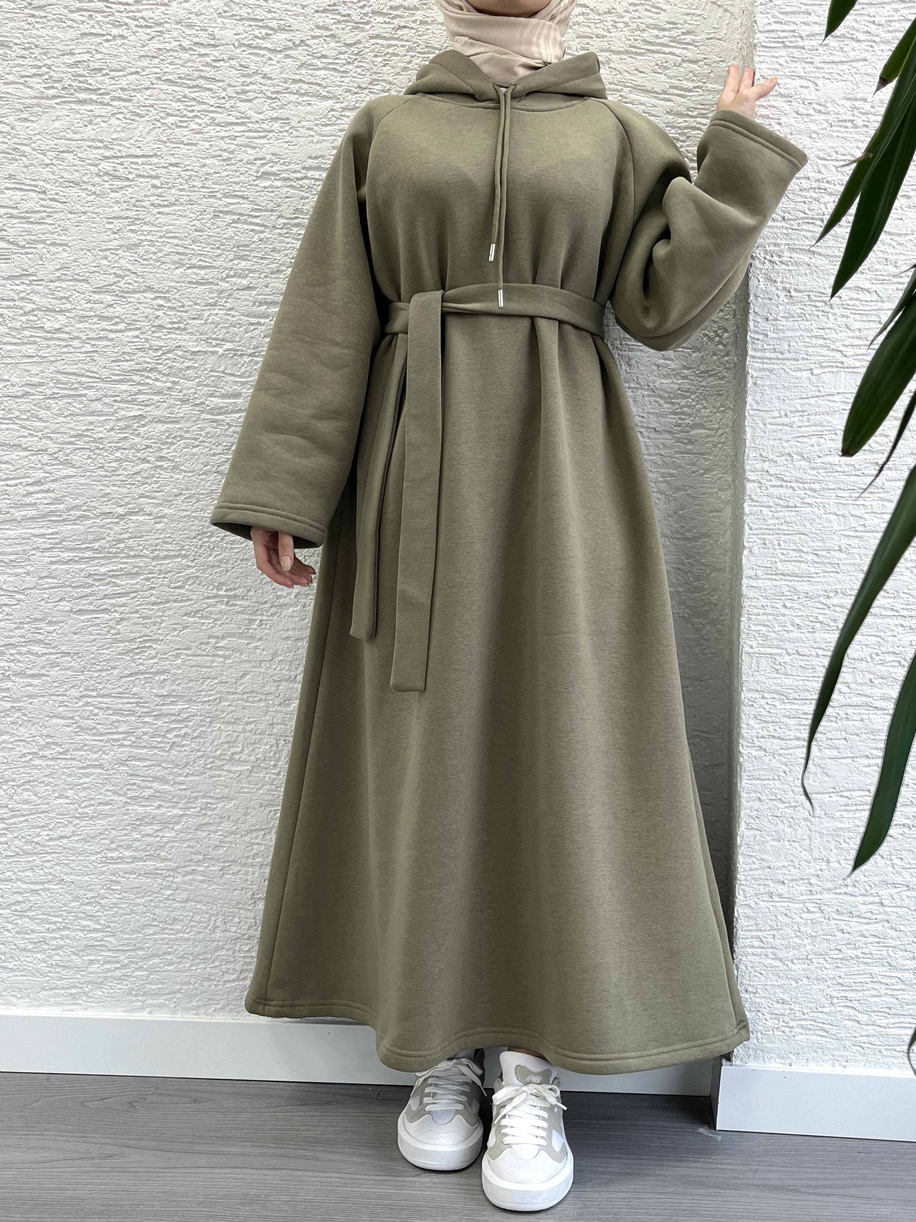 Haki Kapşonlu Oversize Sweat Elbise