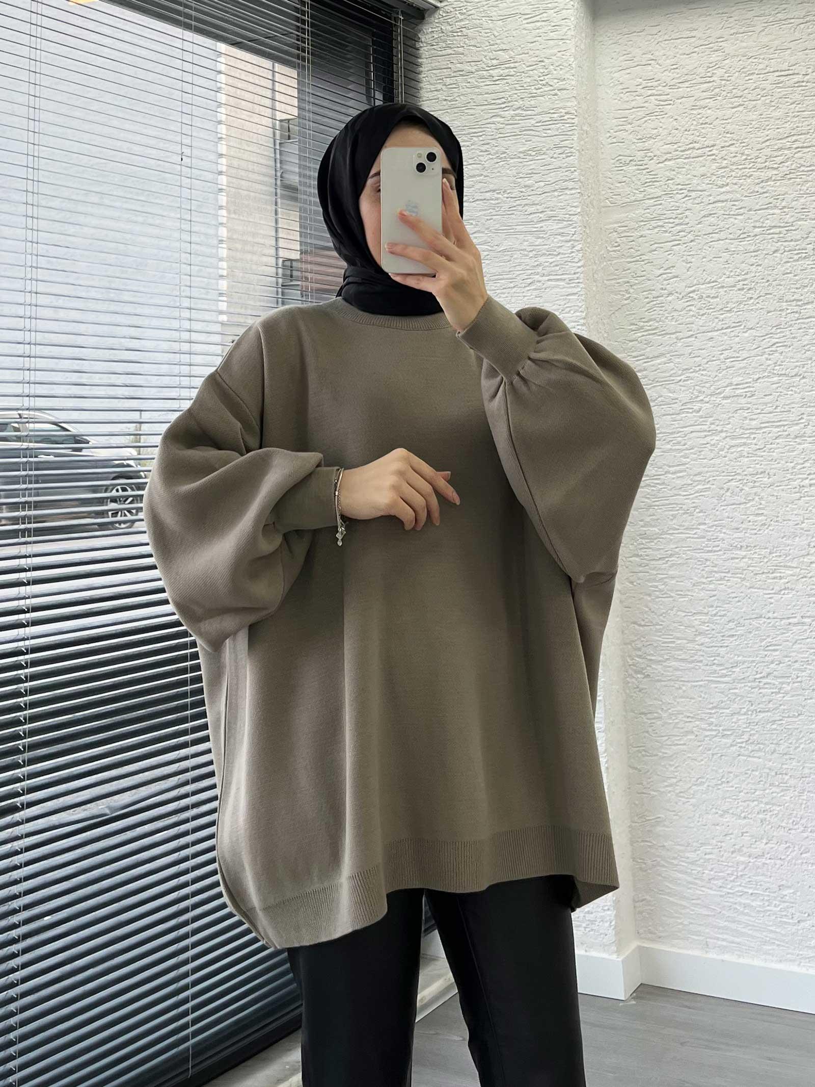 Haki Yarasa Kollu Oversize Kadın Kazak
