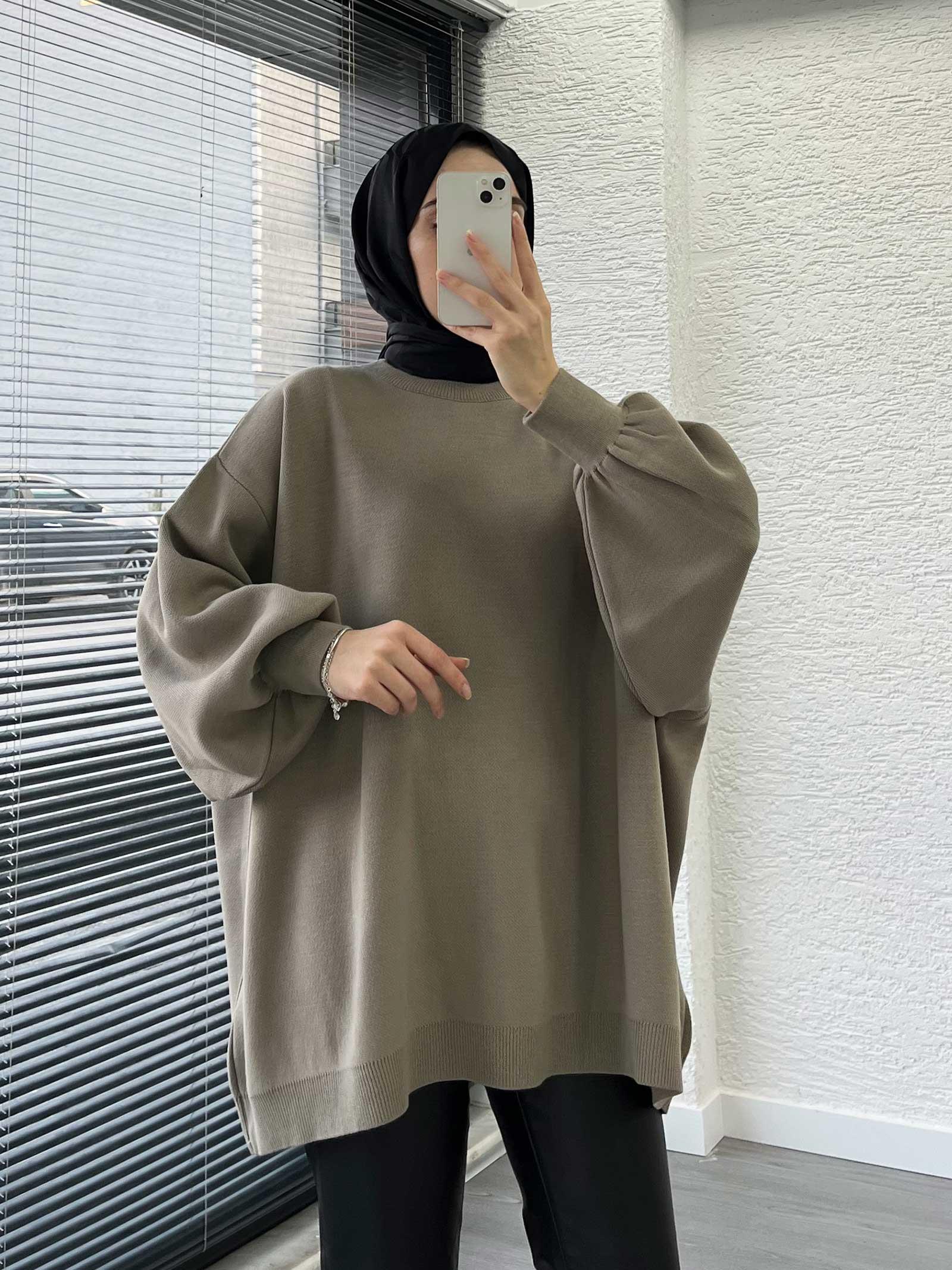 Haki Yarasa Kollu Oversize Kadın Kazak