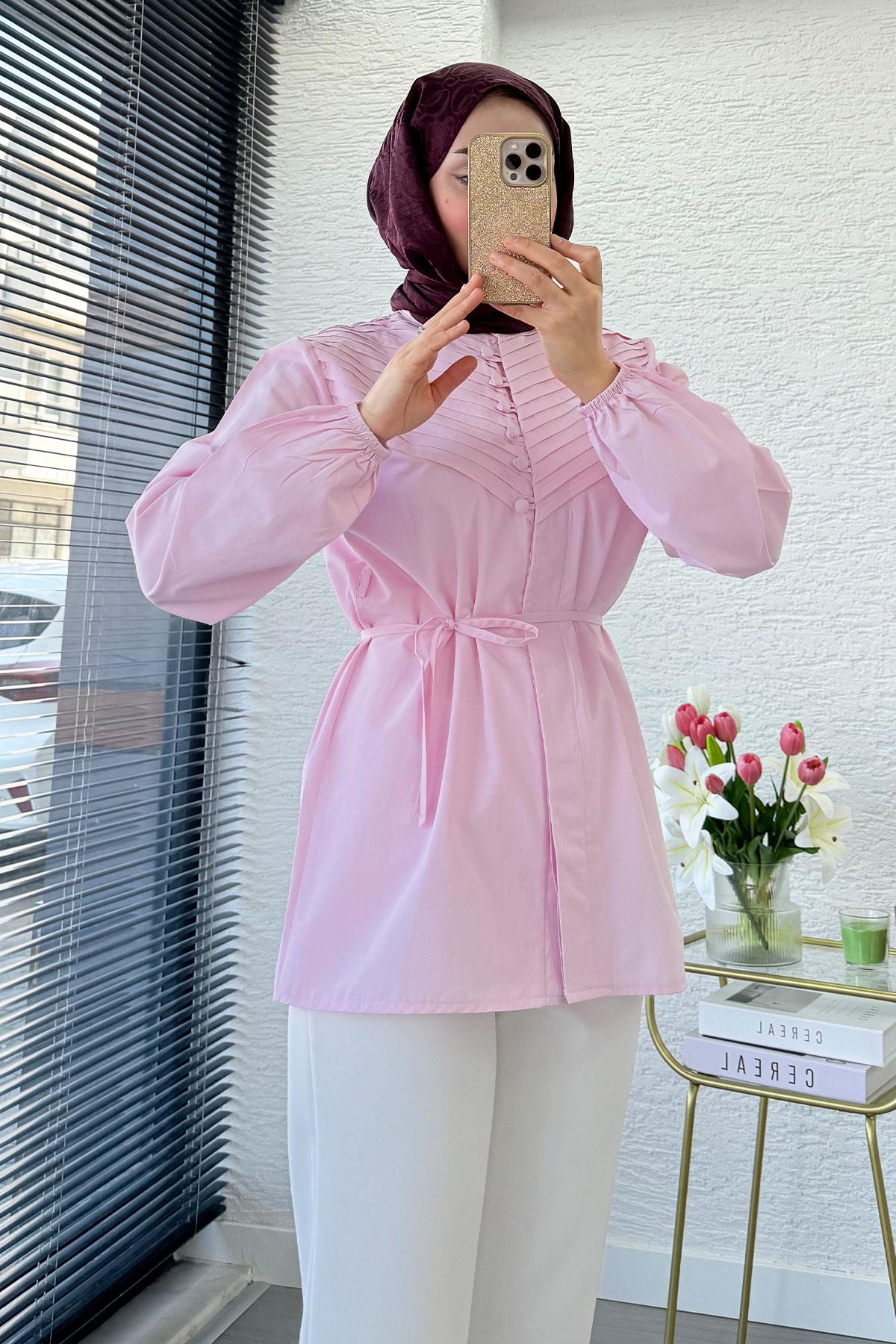 Hakim Yaka Nervür Detaylı Poplin Gömlek Tunik - Pembe