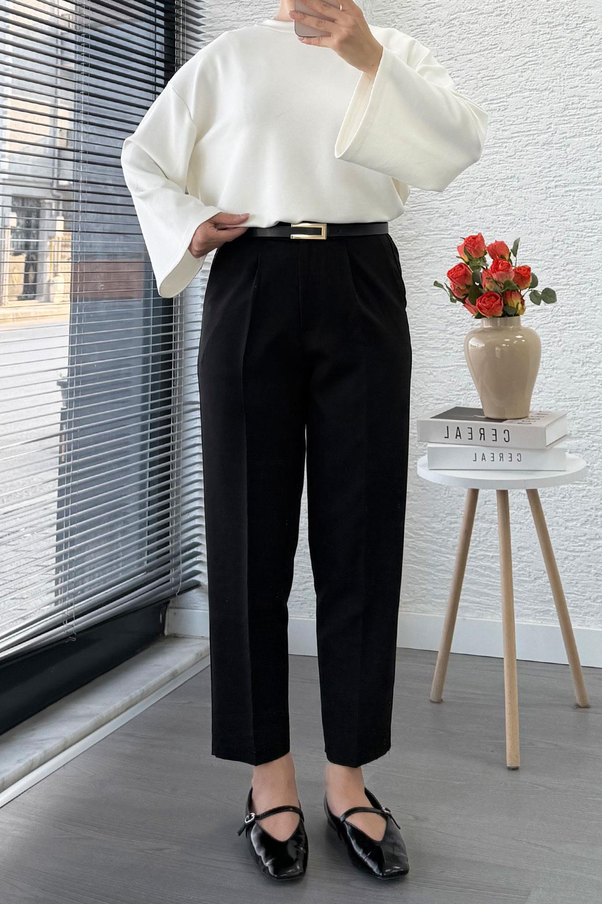 Havuç Kesim Yüksek Bel Casual Pantolon - Siyah