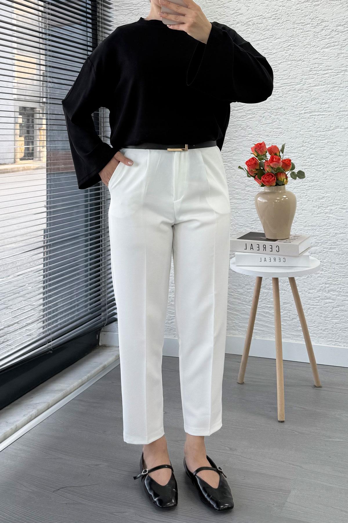 Havuç Kesim Yüksek Bel Casual Pantolon - Beyaz