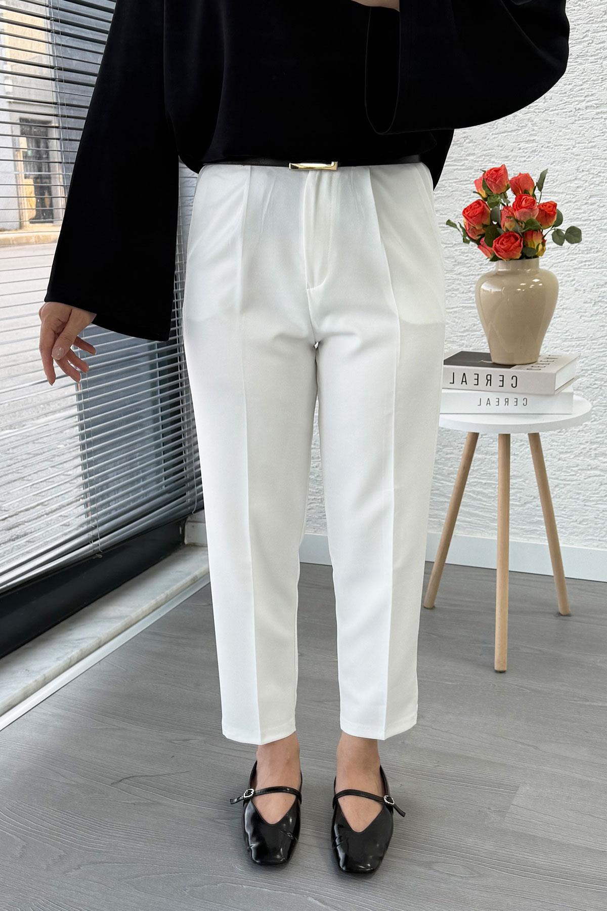 Havuç Kesim Yüksek Bel Casual Pantolon - Beyaz