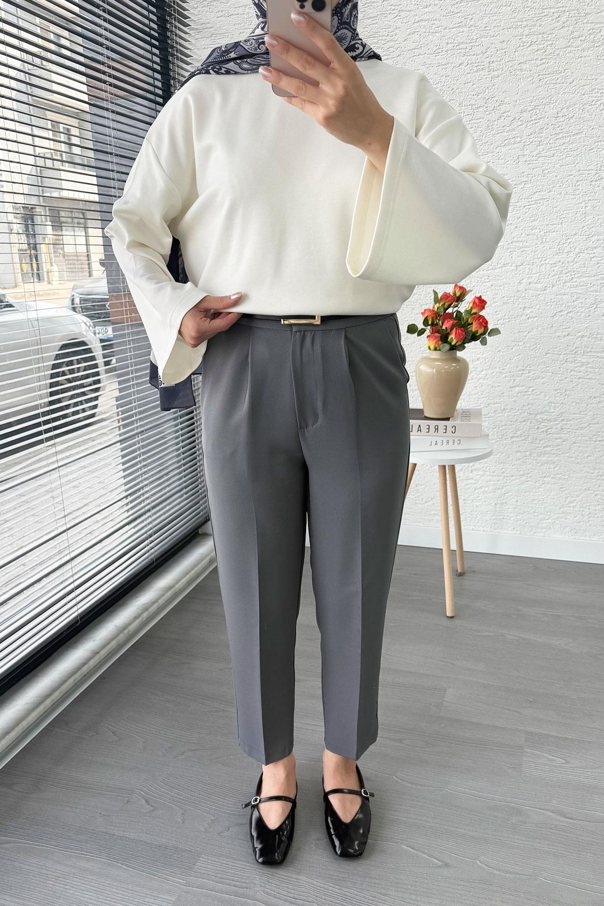 Havuç Kesim Yüksek Bel Casual Pantolon - Füme