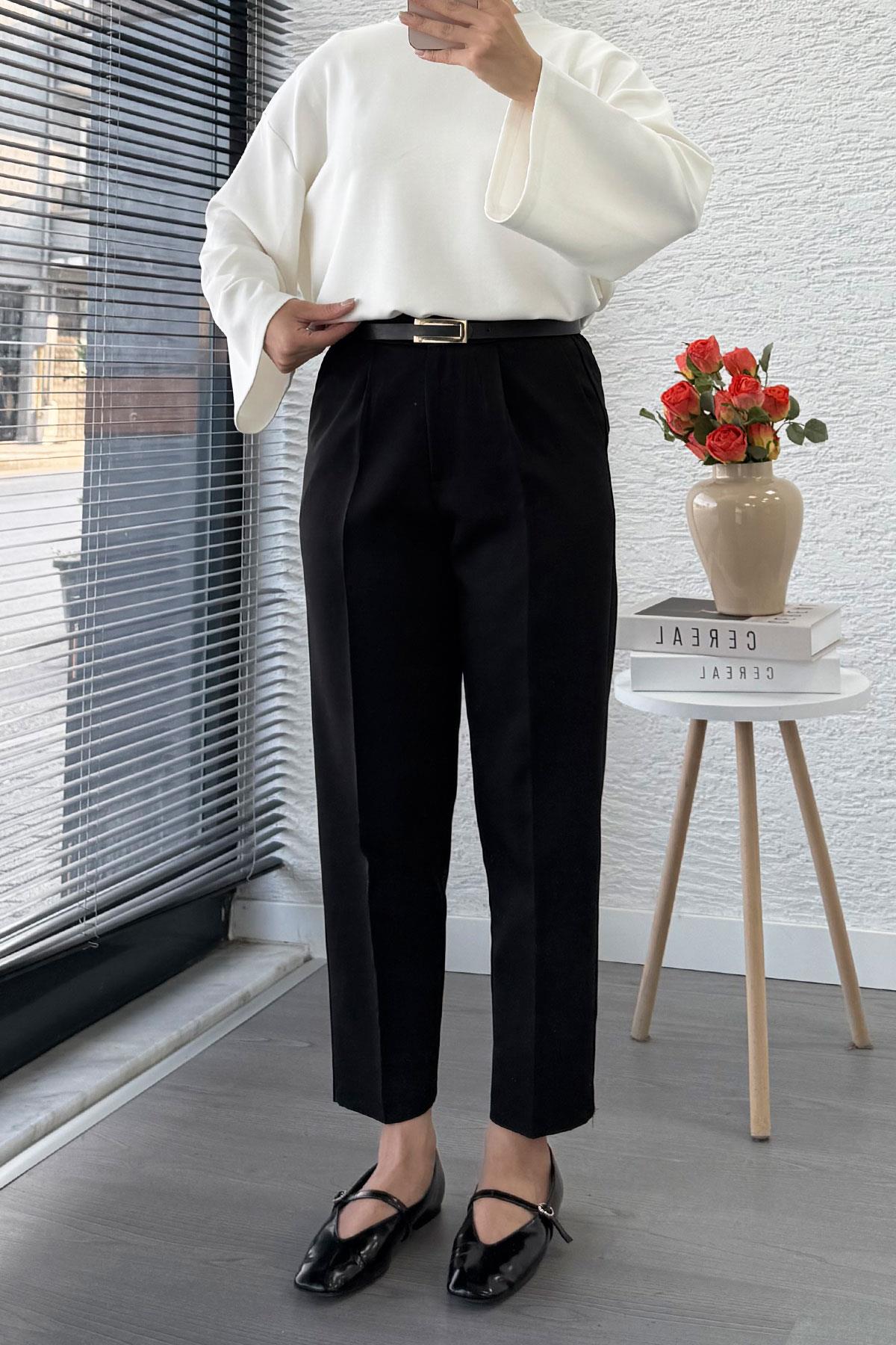 Havuç Kesim Yüksek Bel Casual Pantolon - Siyah