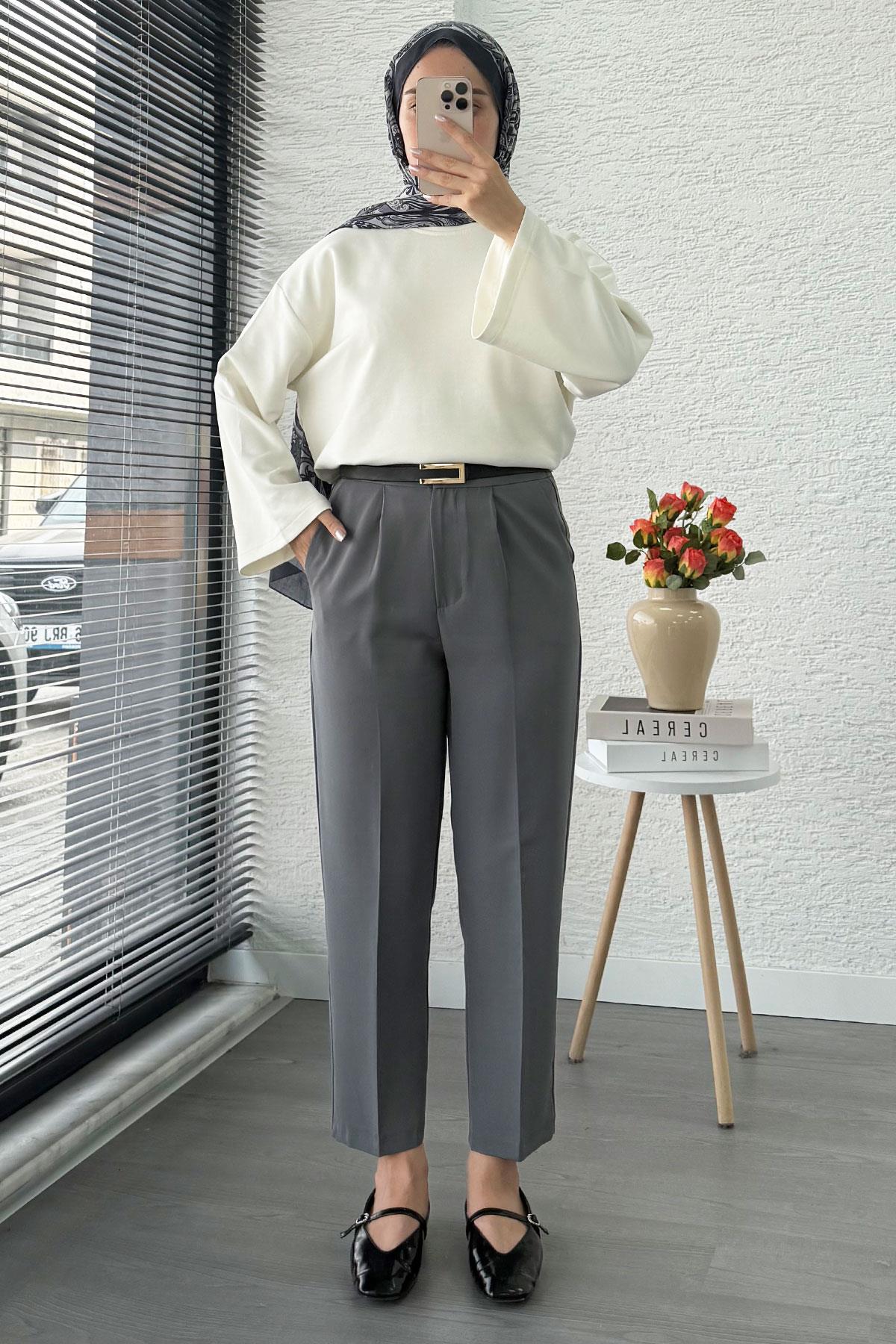 Havuç Kesim Yüksek Bel Casual Pantolon - Füme