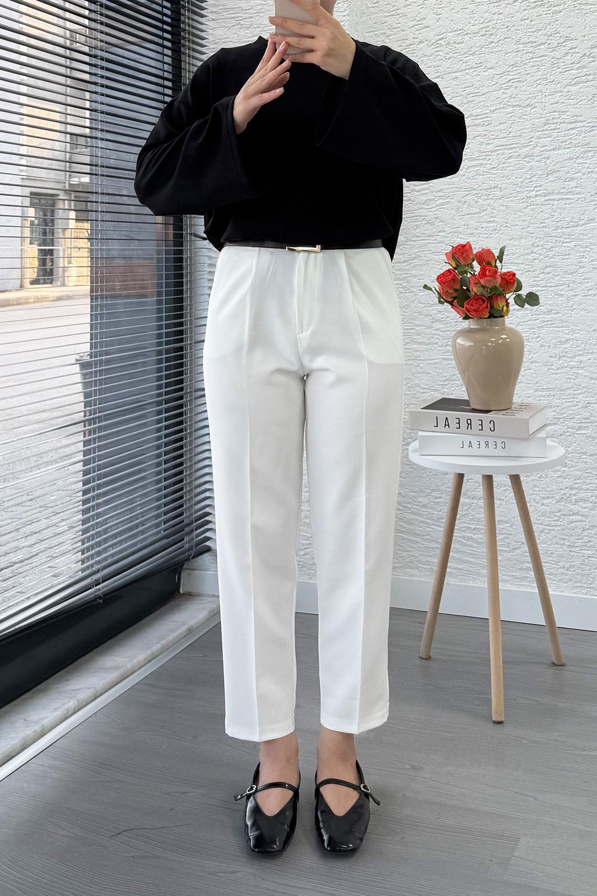 Havuç Kesim Yüksek Bel Casual Pantolon - Beyaz