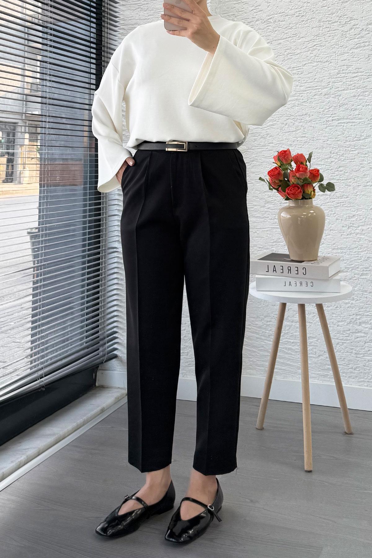 Havuç Kesim Yüksek Bel Casual Pantolon - Siyah