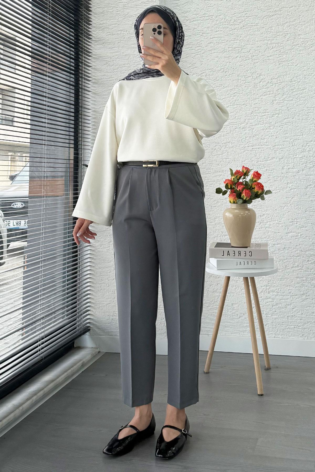 Havuç Kesim Yüksek Bel Casual Pantolon - Füme