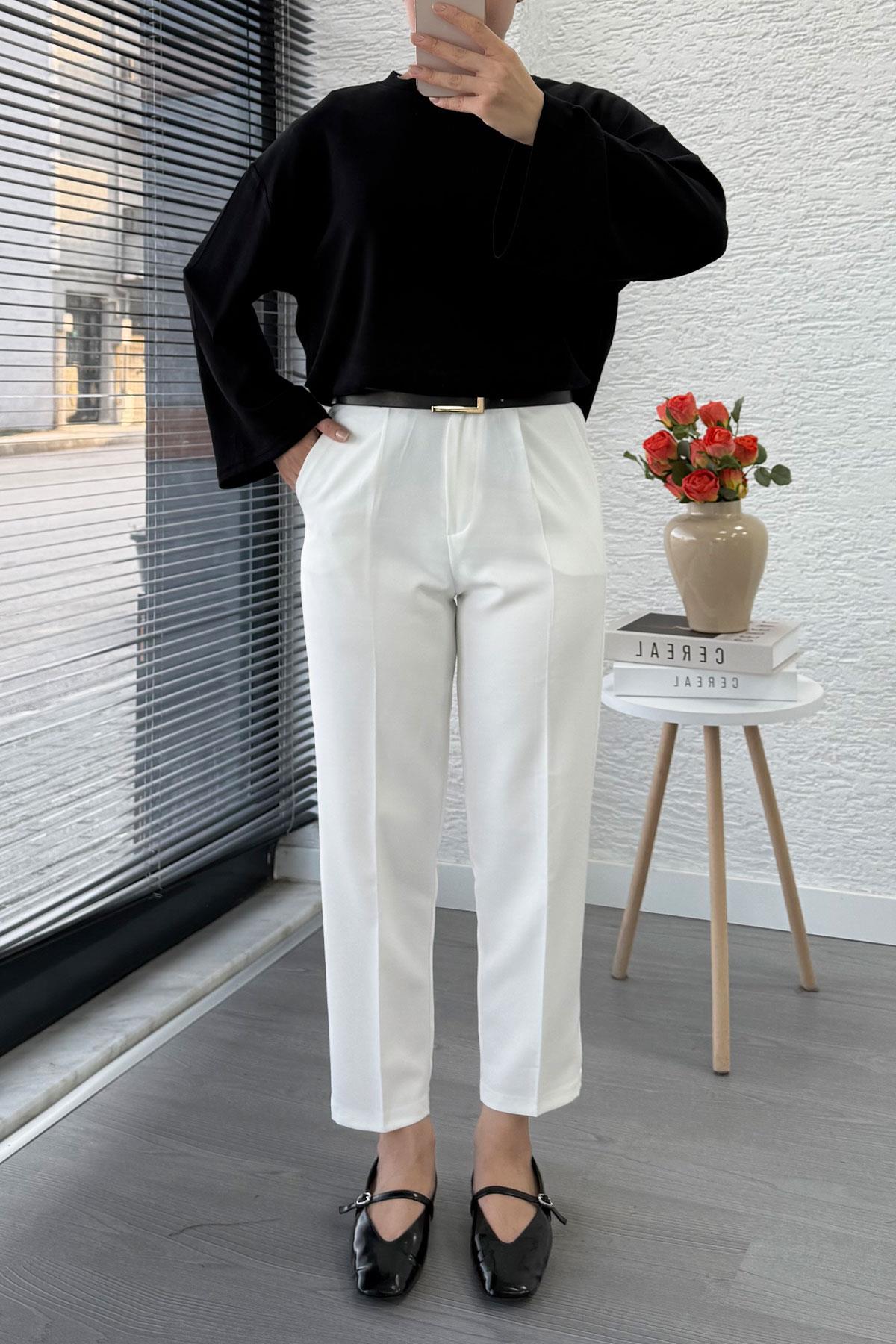 Havuç Kesim Yüksek Bel Casual Pantolon - Beyaz