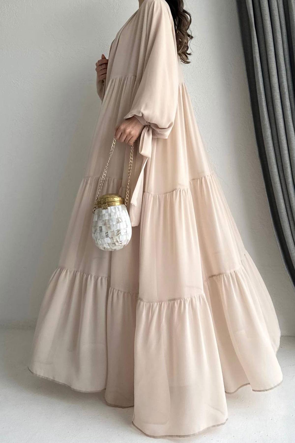 Hena Premium Şifon Abaya Takım – Bej